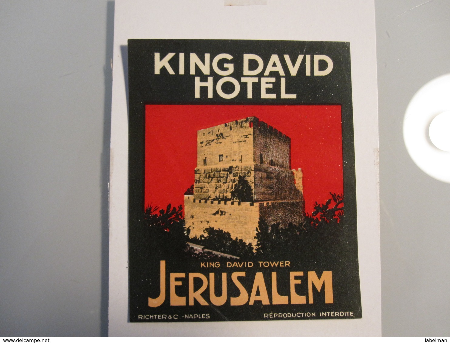 HOTEL MOTEL PENSION KING DAVID JERUSALEM PALESTINE ISRAEL TAG STICKER DECAL LUGGAGE LABEL ETIQUETTE AUFKLEBER - Hotel Labels