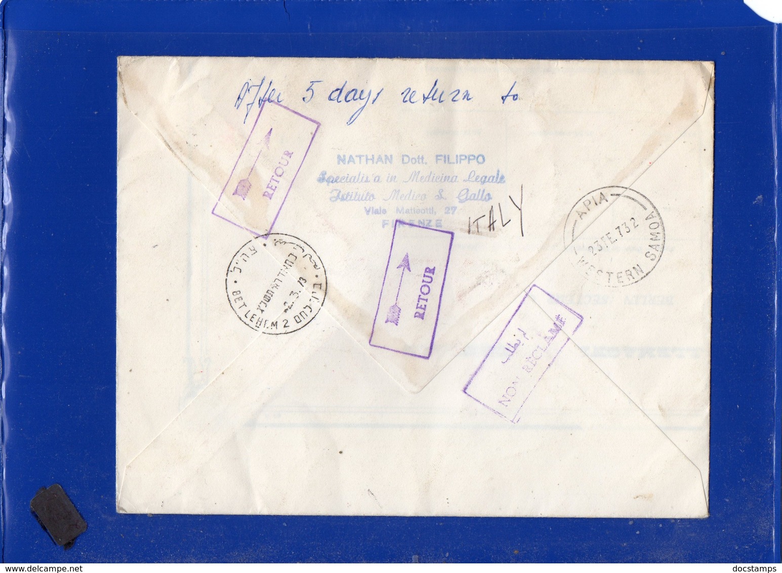 ##(DAN202)-Samoa & Sisifo 1972-  Registered Cover From Apia To Israel, RTS Retour To Sender  To Italy - Vetri & Vetrate