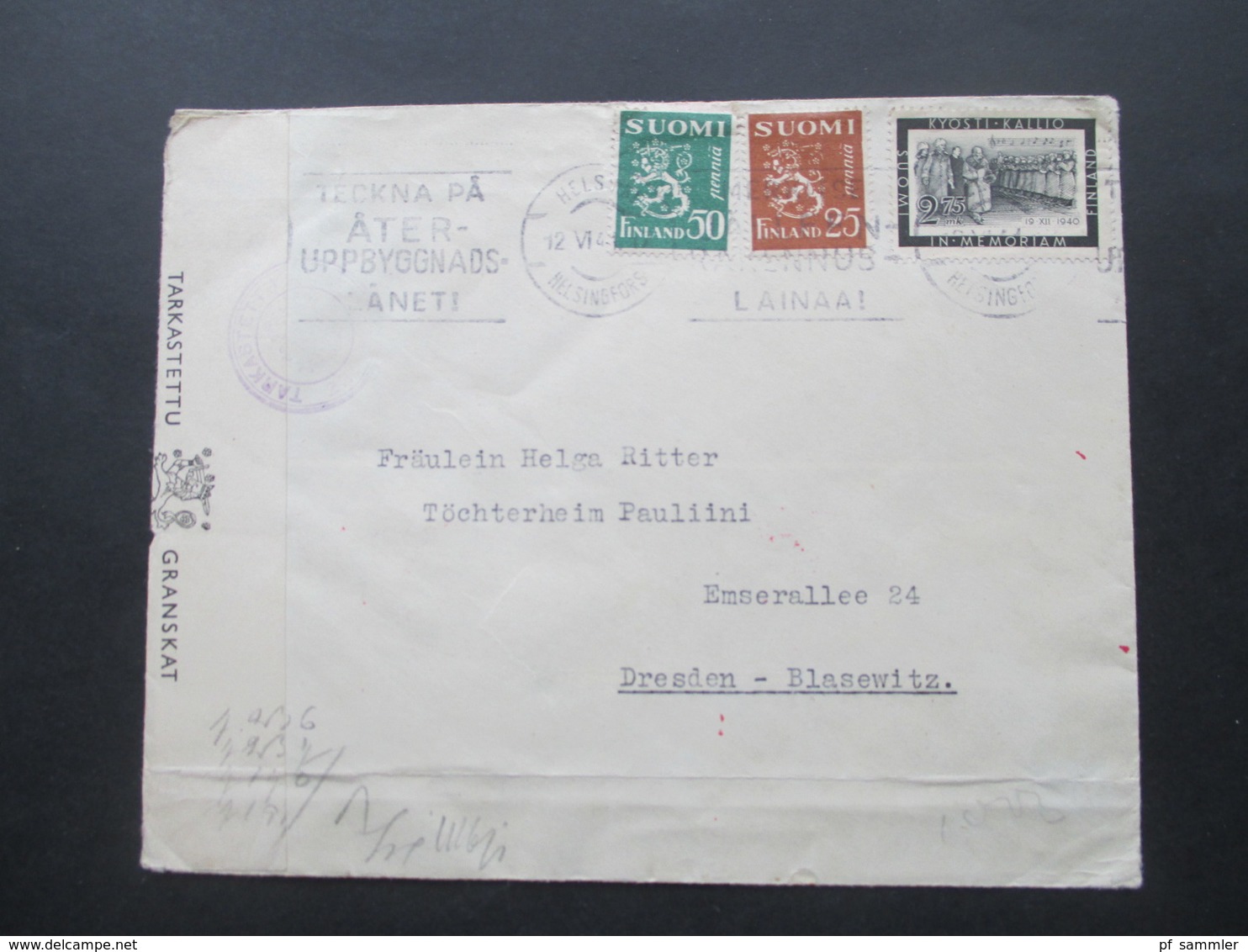 Finnland 1941 Zensurpost Finnischer Tarkastettu Granskat Und OKW Verschlussstreifen Mehrfachzensur Michel Nr. 237 MiF - Storia Postale