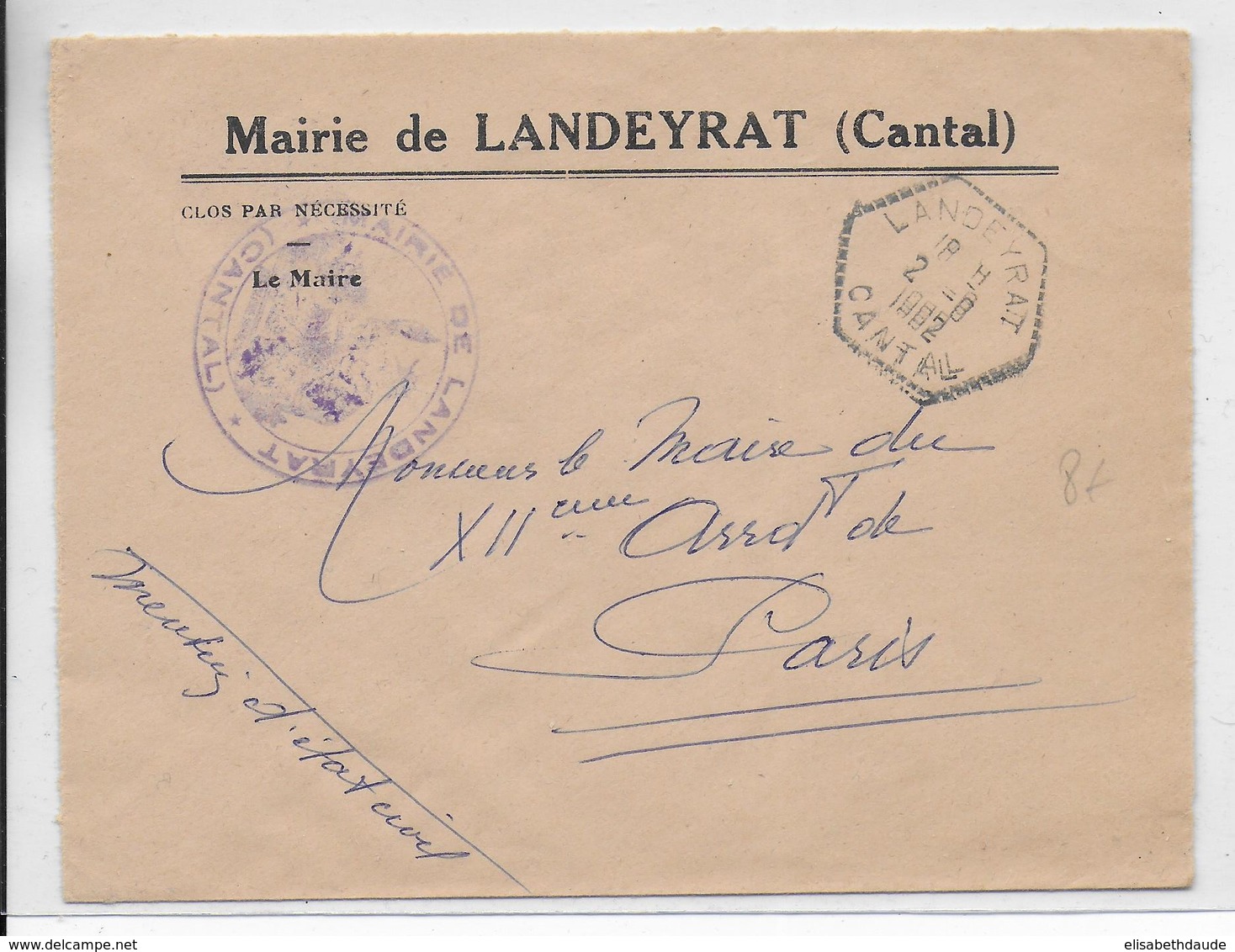 1962 - CANTAL - ENVELOPPE En FRANCHISE De La MAIRIE De LANDEYRAT Avec CACHET HEXAGONAL - Burgerlijke Brieven Zonder Portkosten