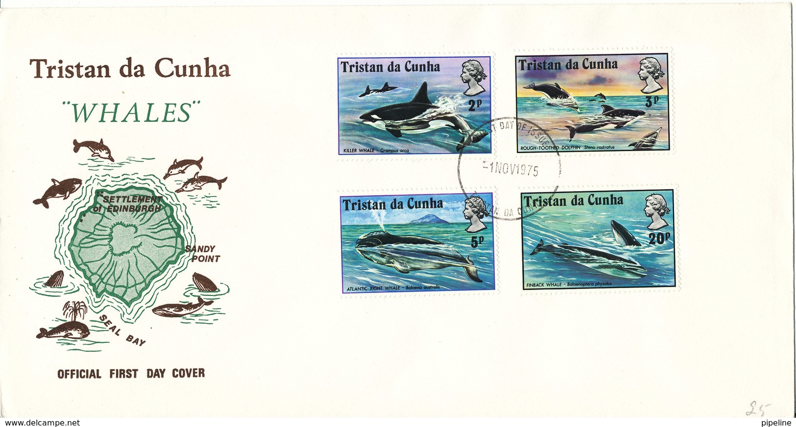 Tristan Da Cunha FDC 1-11-1975 Whales Complete Set Of 4 With Cachet (hinged Marks On The Backside Of The Cover) - Tristan Da Cunha