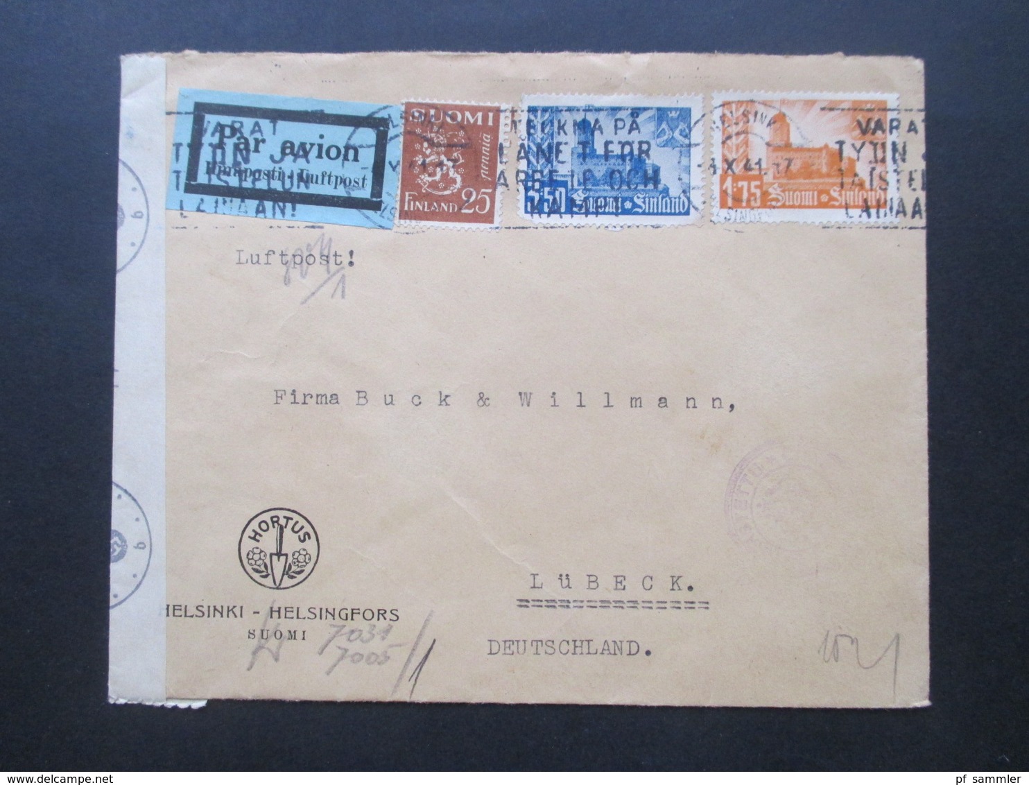 1941 Zensurpost Finnischer Stempel Tarkastettu Granskat + OKW Zensur Umschlag Hortus Wiedereroberung Viipuri - Lettres & Documents