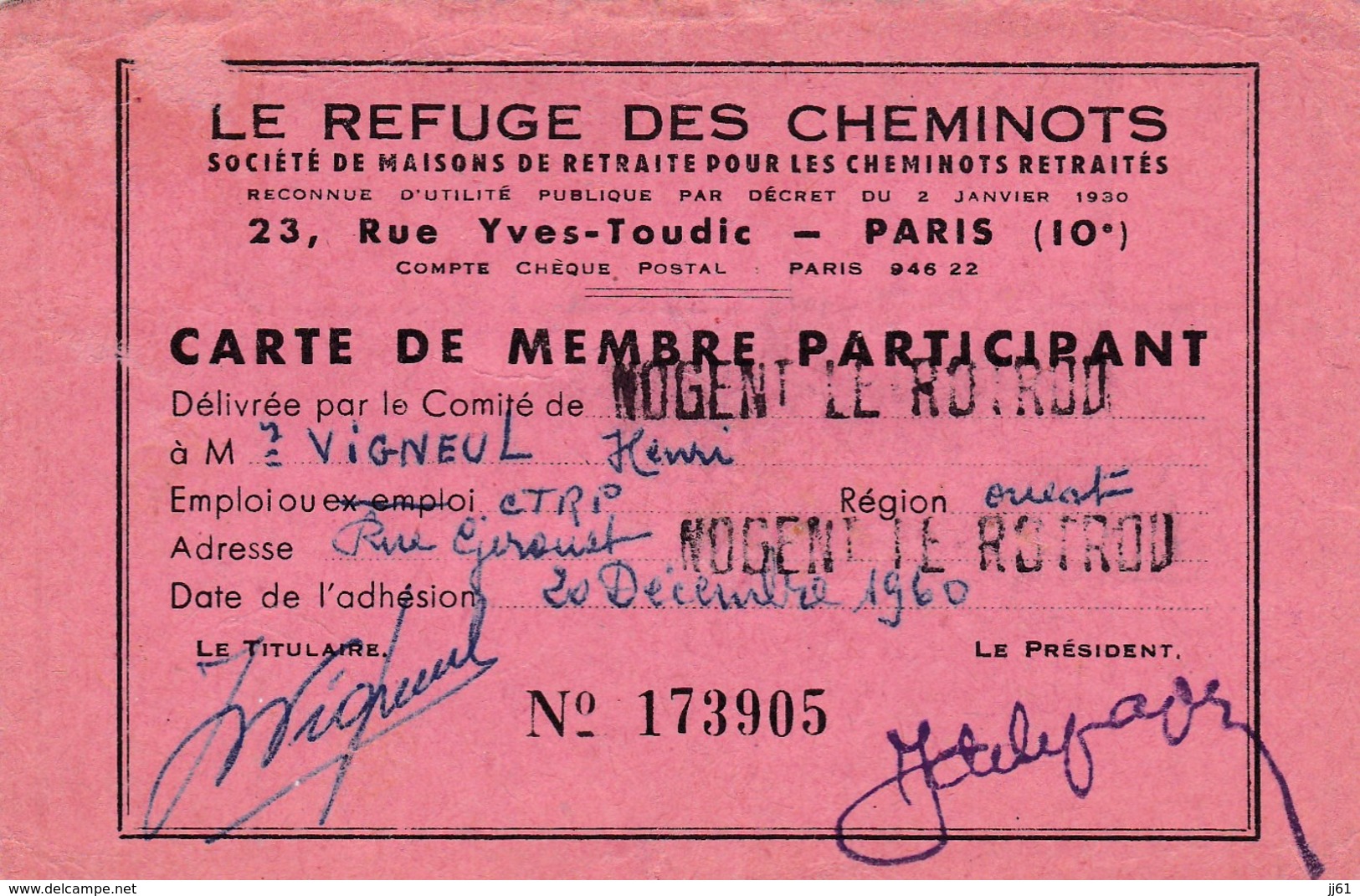 NOGENT LE ROTROU CARTE DE MEMBRE LE REFUGE DES CHEMINOTS AVEC VIGNETTES DE 1960 A 1977 - Transports