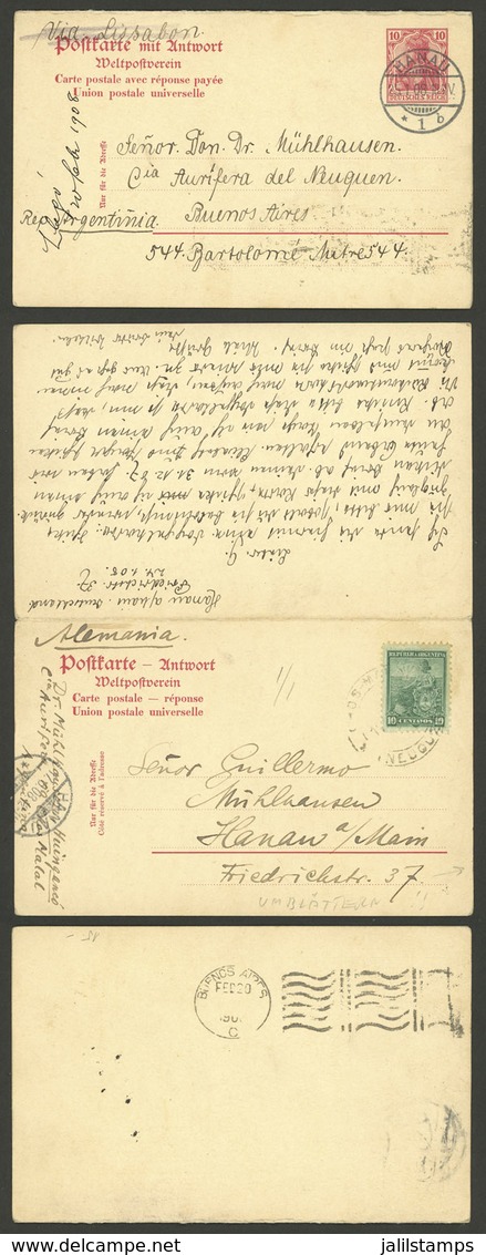 GERMANY: Postal Card With REPLY PAID Of 10 + 10Pf., Sent From Hannau To Argentina On 25/JA/1908, With Buenos Aires Arriv - Autres & Non Classés