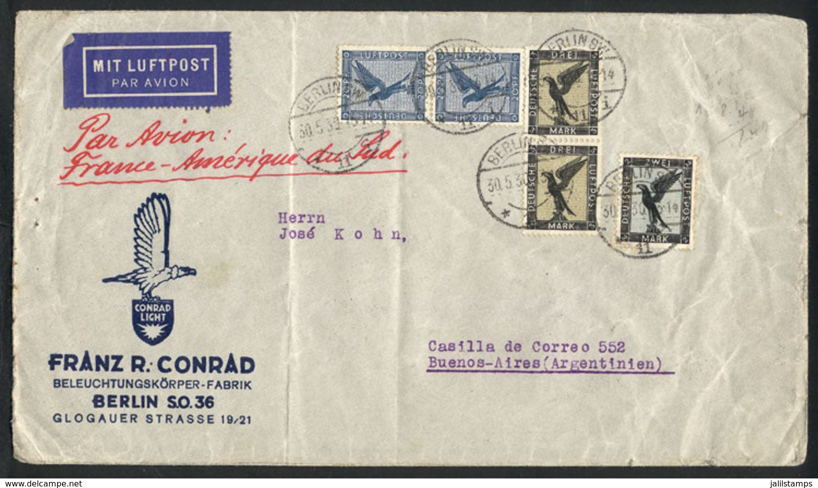GERMANY: Airmail Cover Sent From Berlin To Argentina On 30/MAY/1939 With Large Postage Of 8.40Mk., Arrival Backstamp, Ve - Other & Unclassified