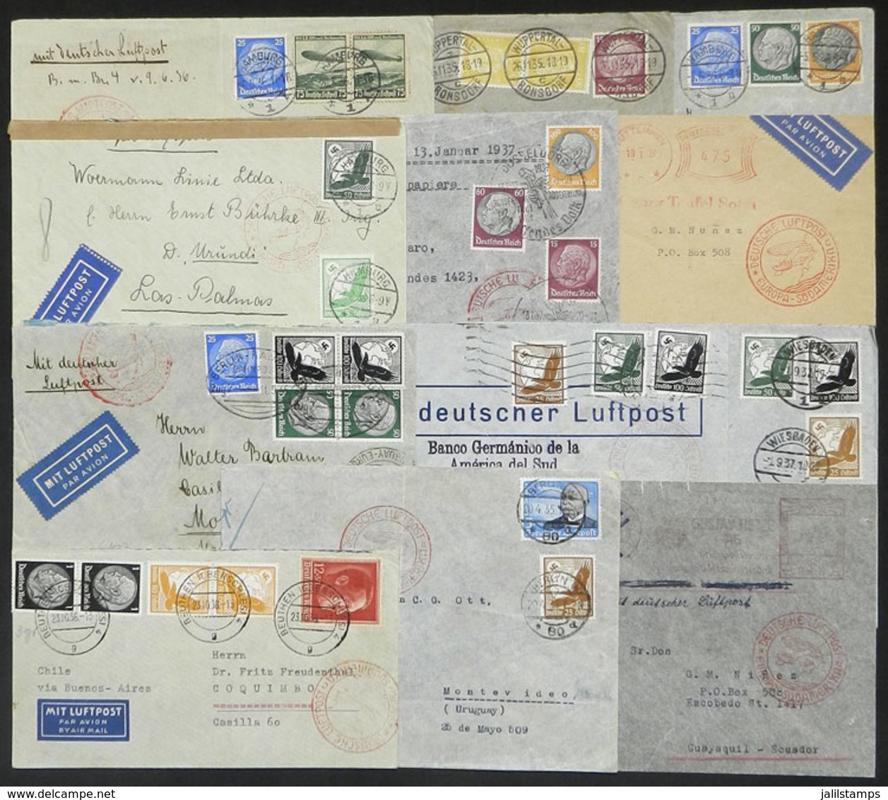 GERMANY: 12 Airmail Covers Sent To South America (one To Canary Islands) By DLH Between 1934 And 1938, Varied Postages A - Autres & Non Classés