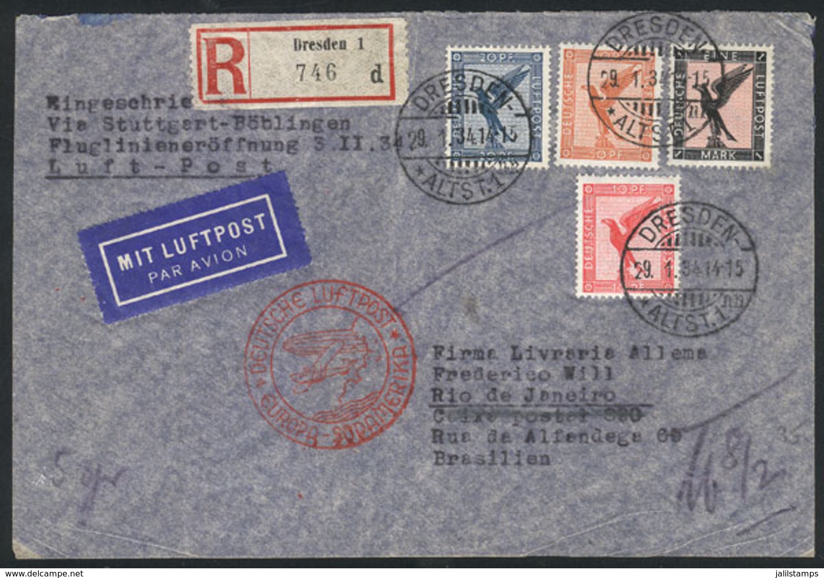 GERMANY: FIRST CATAPULT FLIGHT To South America: Registered Airmail Cover Sent From Dresden To Brazil Via DLH On 29/JA/1 - Sonstige & Ohne Zuordnung