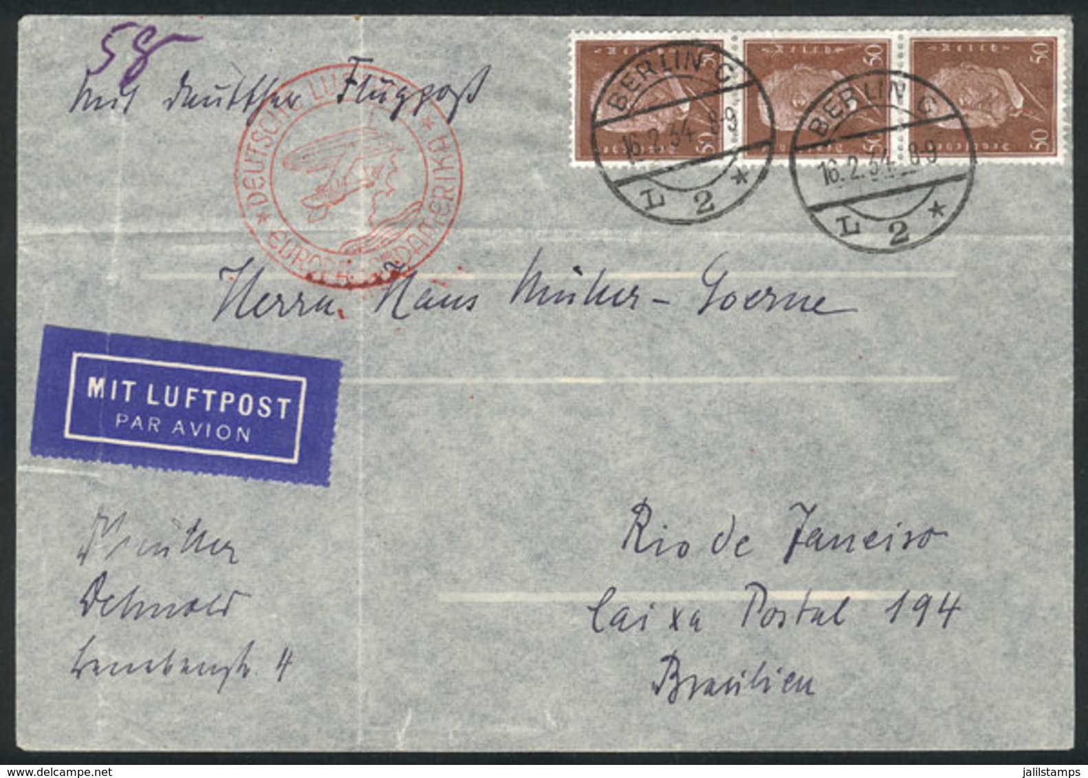 GERMANY: 16/FE/1934 Berlin - Rio De Janeiro, Airmail Cover Sent Via DLH (flight L3). The Weather Conditions Were Bad Due - Autres & Non Classés