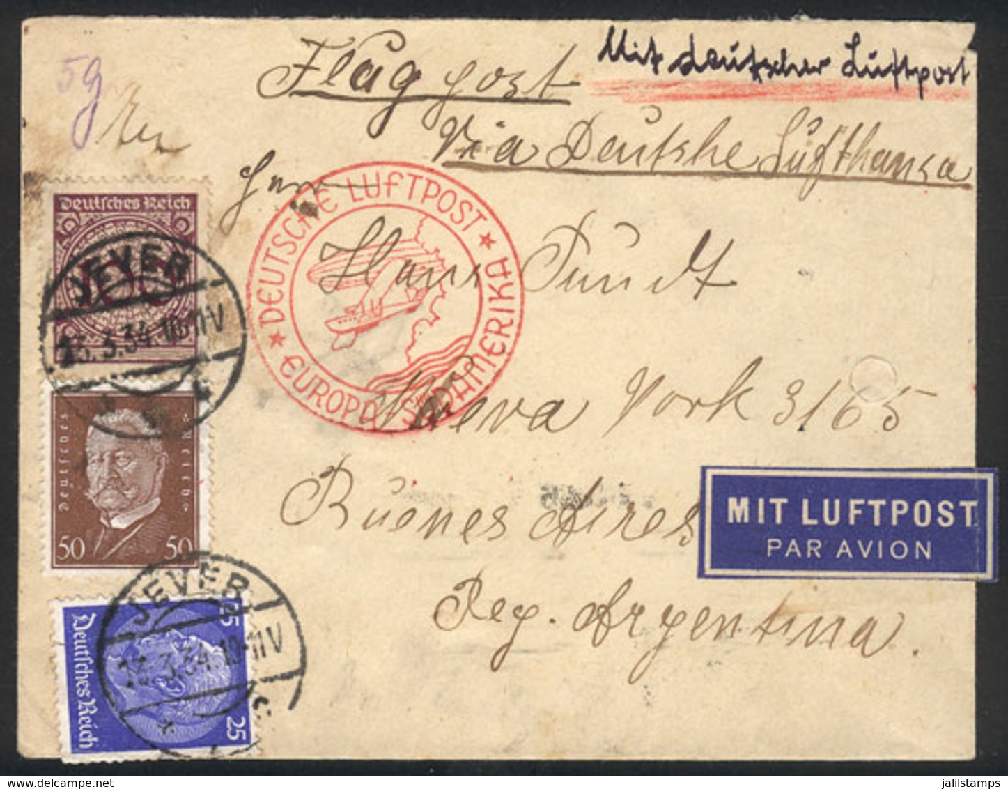 GERMANY: 13/MAR/1934 Jever - Argentina, Airmail Cover By DLH (L7), The Flight Was Delayed In Bathurst Due To Engine Prob - Sonstige & Ohne Zuordnung