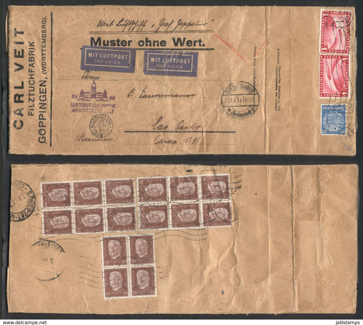 GERMANY: SAMPLES WITHOUT VALUE Sent To South America By ZEPPELIN: Cover Franked With 10.20Mk. Sent From Göppingen To Bra - Andere & Zonder Classificatie