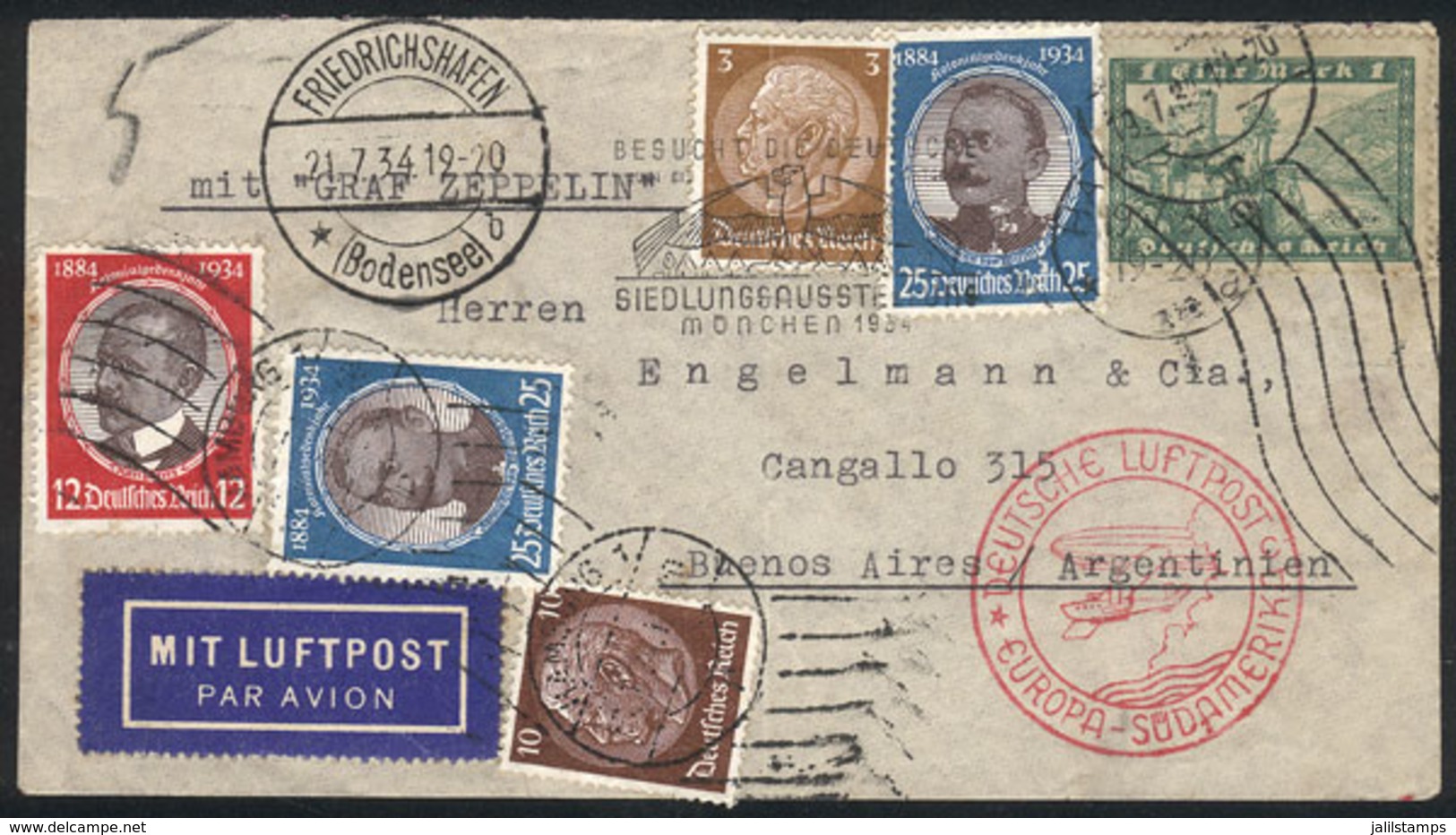 GERMANY: 19/JUL/1934 Hamburg - Argentina, Cover Flown By Zeppelin With Nice Multicolor Postage, With Transit Mark Of Fri - Autres & Non Classés