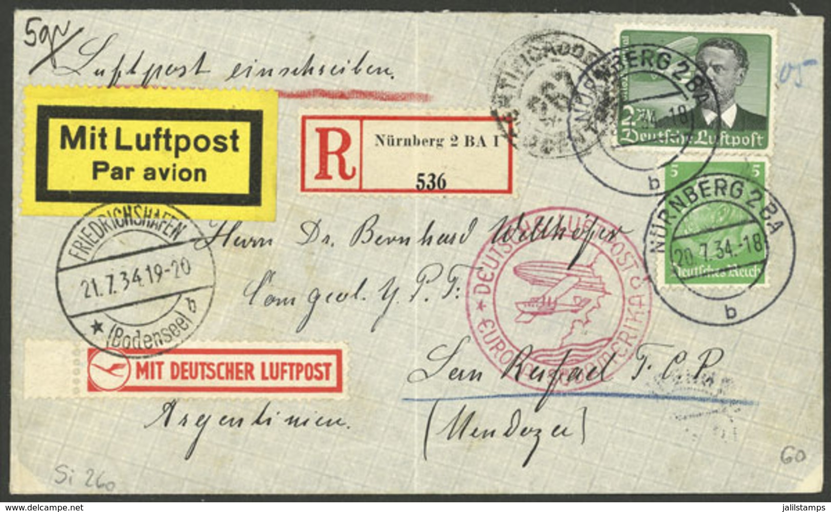 GERMANY: 20/JUL/1934 Nünberg - Argentina, Registered Airmail Cover Flown By DLH/Zeppelin Franked With 2.05Mk., With Arri - Otros & Sin Clasificación