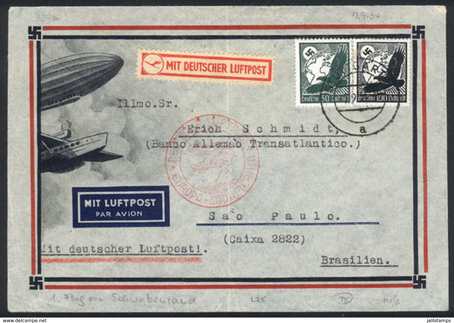 GERMANY: 12/SE/1934 Stuttgart - Brazil, Airmail Cover With Nazi Motif Sent By DLH (flight L25), Catapulted From Ship Sch - Altri & Non Classificati