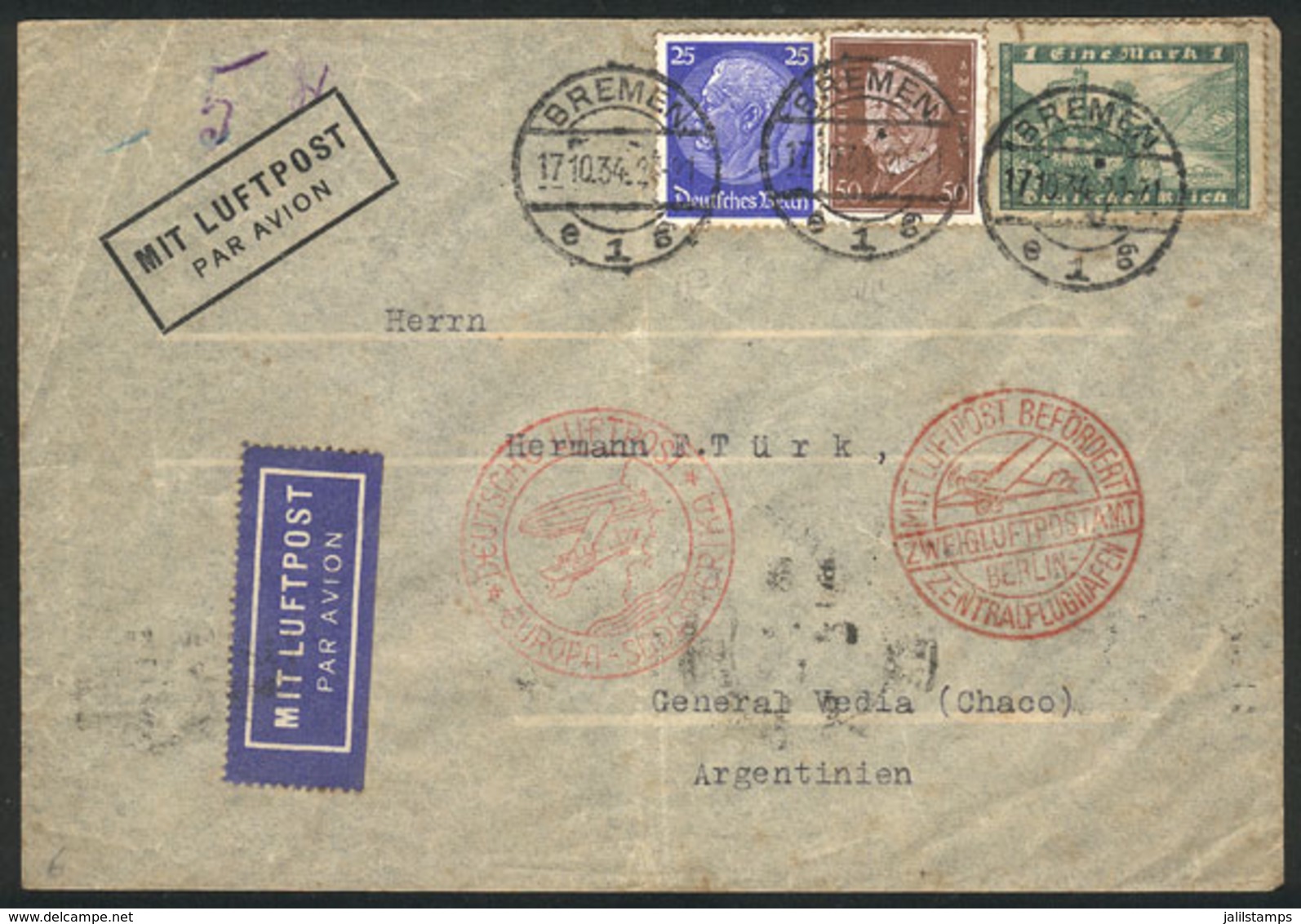 GERMANY: UNUSUAL DESTINATION: Airmail Cover Sent From Bremen To Argentina On 17/OC/1934, Flown To Natal (Brazil) By DLH, - Other & Unclassified