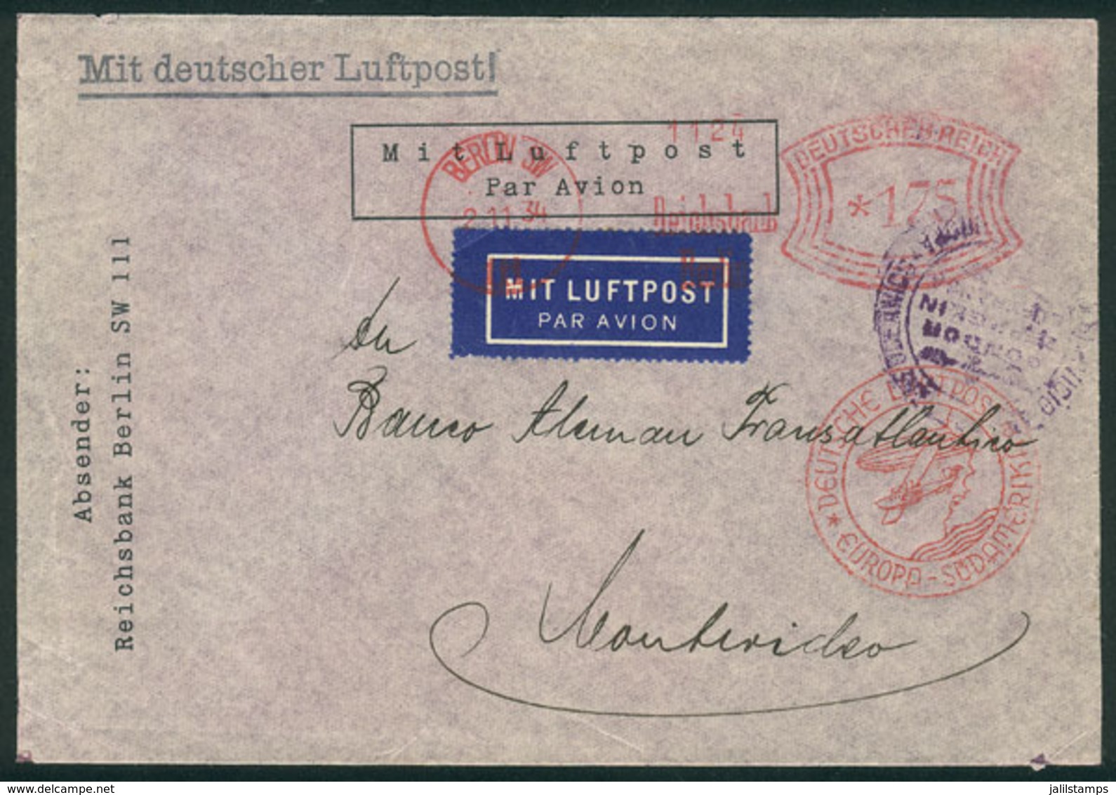 GERMANY: 2/NO/1934 Berlin - Uruguay, Airmail Cover With Meter Postage Of 1.75Mk., This Flight Had An Emergency Landing I - Otros & Sin Clasificación