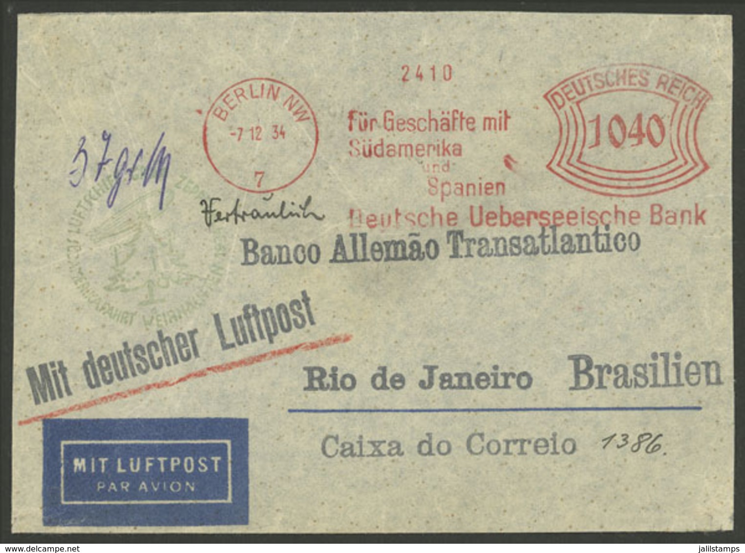 GERMANY: 7/DE/1934 Berlin - Brazil, Airmail Cover Flown By Zeppelin On The CHRISTMAS Flight (green Handstamp), With Mete - Autres & Non Classés