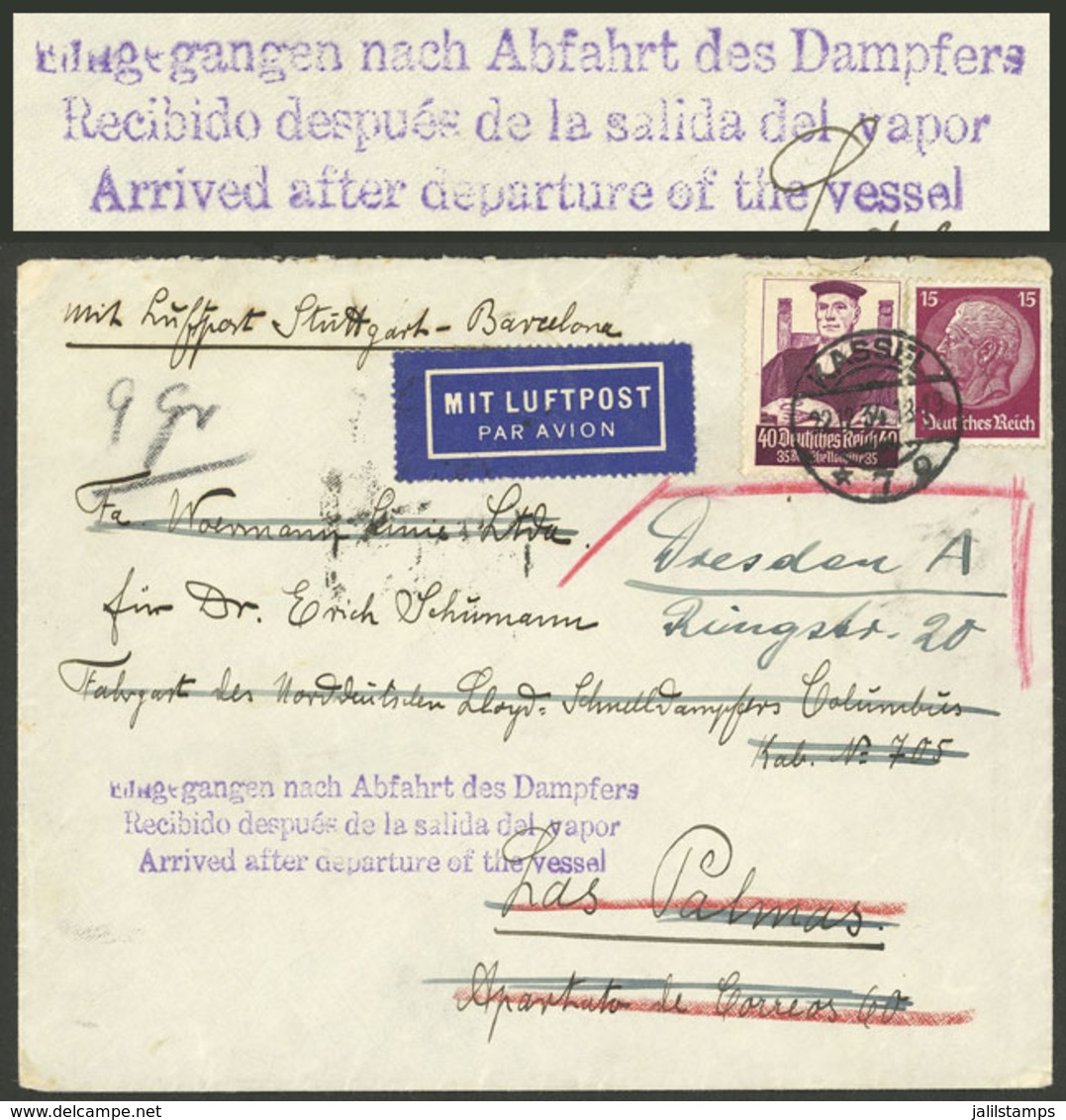 GERMANY: Flight To Reach A Passenger Aboard Steamer Columbus In The Port Of Las Palmas, Cover Dispatched In Kassel On 22 - Andere & Zonder Classificatie