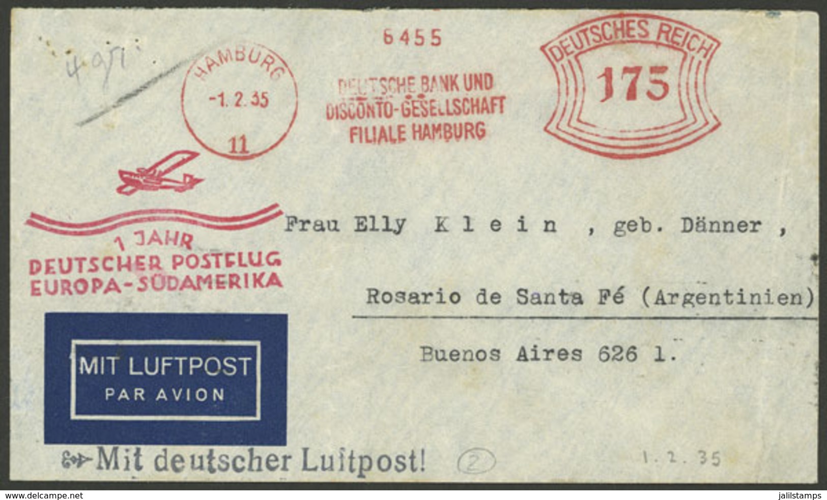 GERMANY: 1/FE/1935 Hamburg - Argentina, Airmail Cover With Meter Postage Of 1.75Mk., Sent By DLH To Buenos Aires, With S - Autres & Non Classés