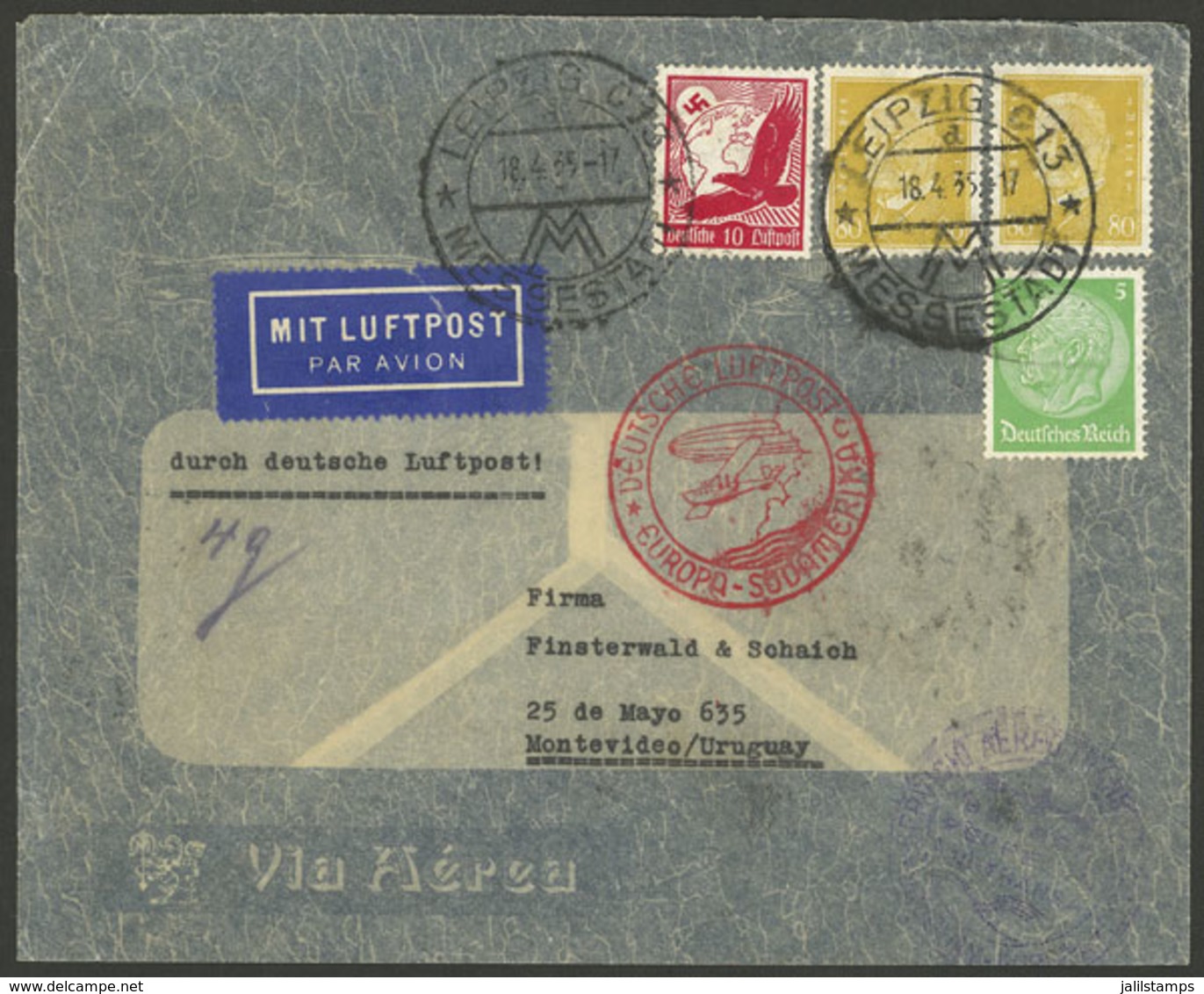 GERMANY: 18/AP/1935 Leipzig - Uruguay, Airmail Cover Franked With 1.75Mk., On Back Arrival Mark Of Montevideo 24/AP, VF! - Other & Unclassified