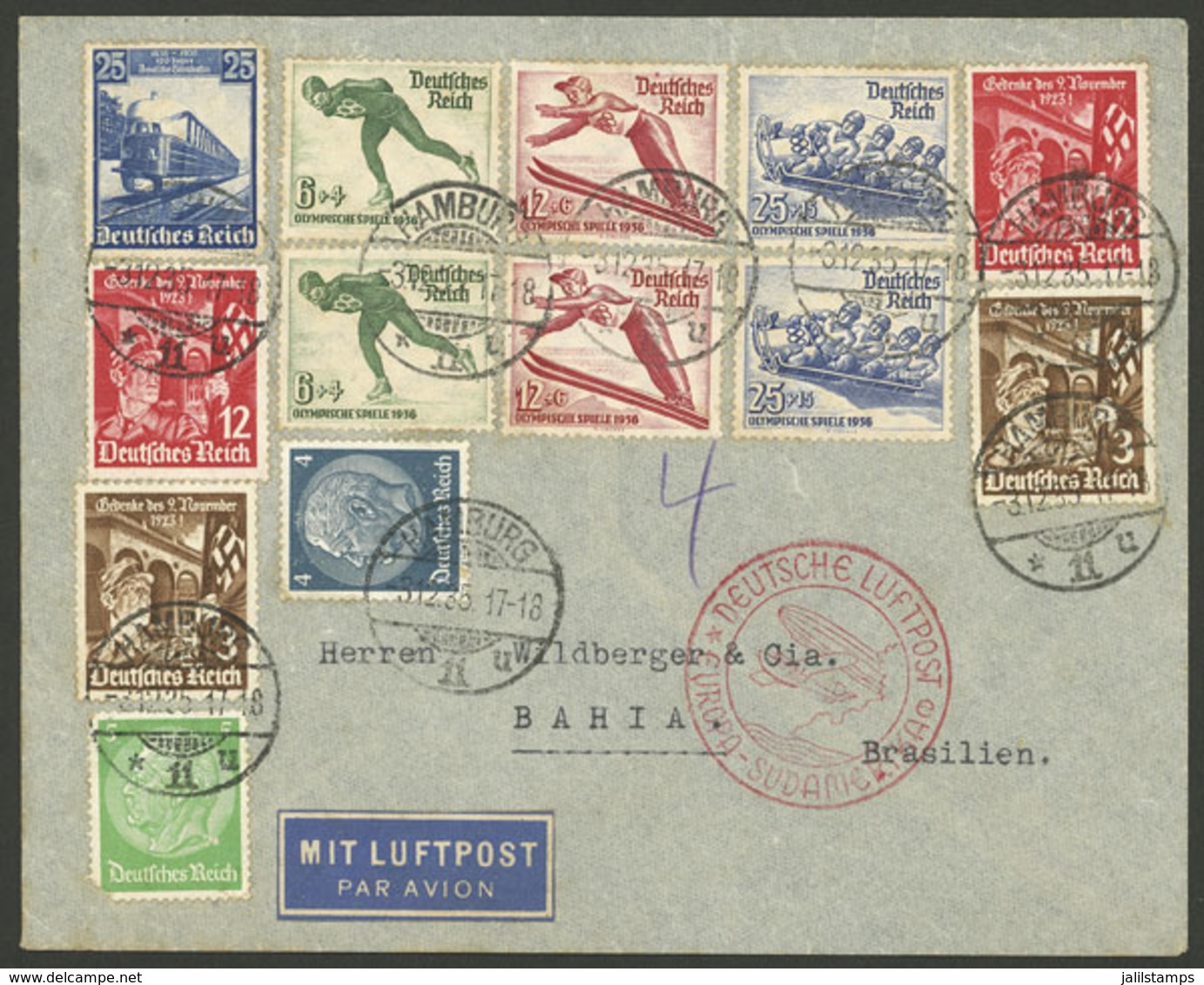 GERMANY: 3/DE/1935 Hamburg - Brazil, Airmail Cover Sent By DLH With Very Colorful Postage, And On Back Arrival Mark Of B - Otros & Sin Clasificación