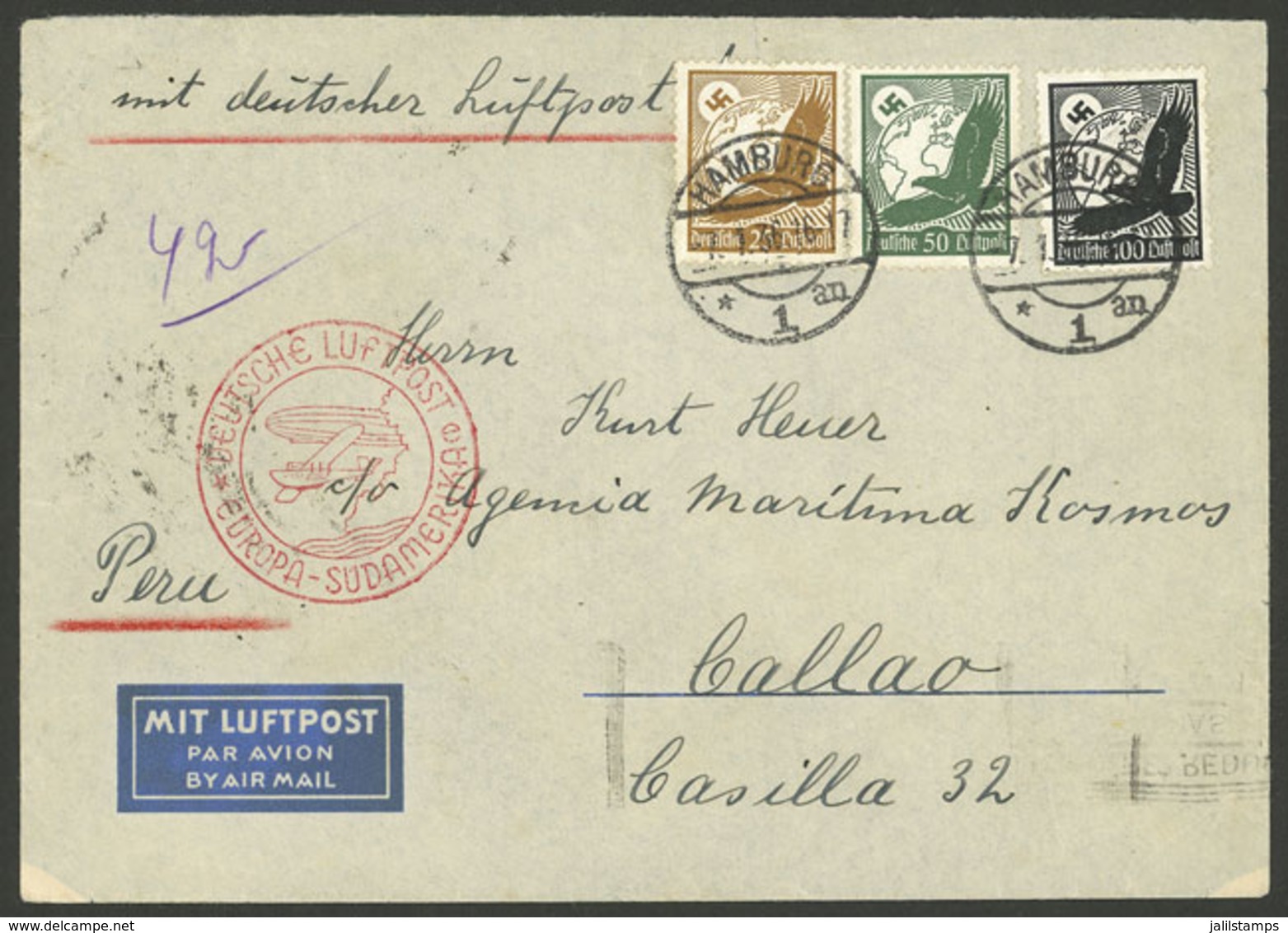 GERMANY: 7/JA/1936 Hamburg - Peru, Airmail Cover Sent By DLH Franked With 1.75Mk., With Arrival Backstamps Of Lima And C - Sonstige & Ohne Zuordnung