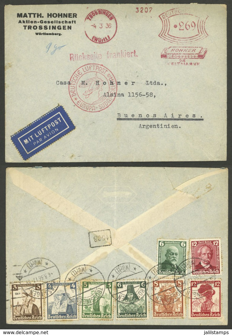 GERMANY: 4/MAR/1936 Trossingen - Argentina, Airmail Cover With Nice Mixed Postage: Meter On Front And 8 Different Postag - Otros & Sin Clasificación