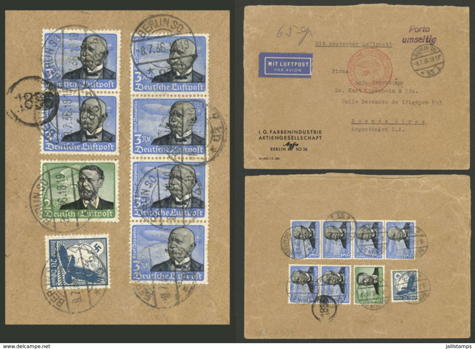 GERMANY: LARGE POSTAGE: Airmail Cover Sent From Berlin To Argentina On 8/JUL/1936 By DLH, Franked On Back (total 20.20Mk - Sonstige & Ohne Zuordnung