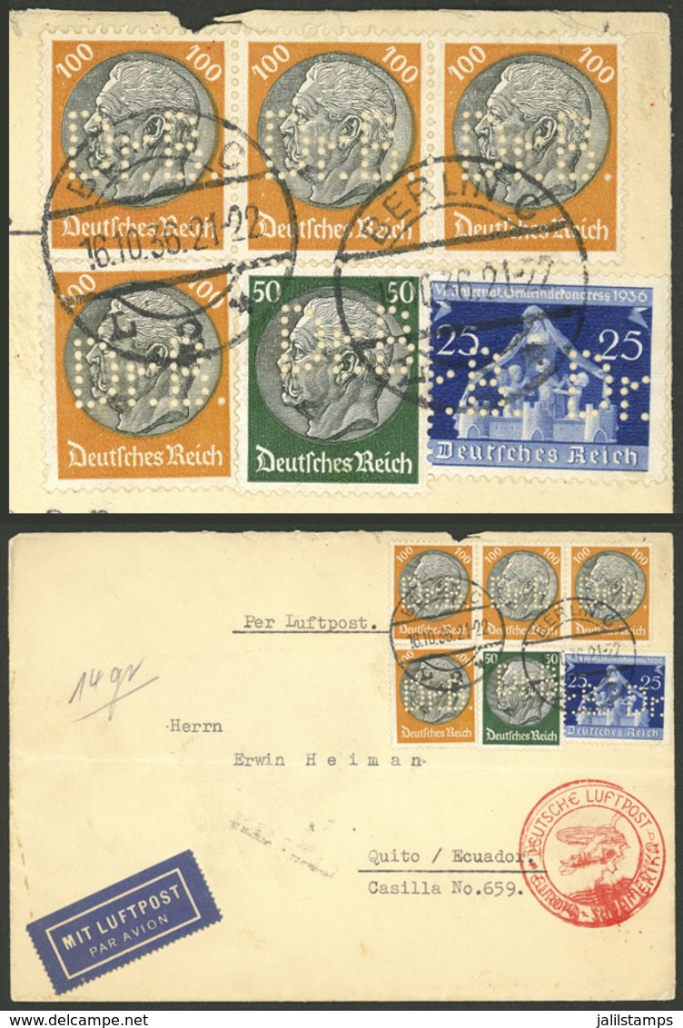 GERMANY: 16/OC/1936 Berlin - Ecuador, Airmail Cover Flown By DLH Franked With 4.75Mk. With Stamp With Commercial Perfin  - Sonstige & Ohne Zuordnung