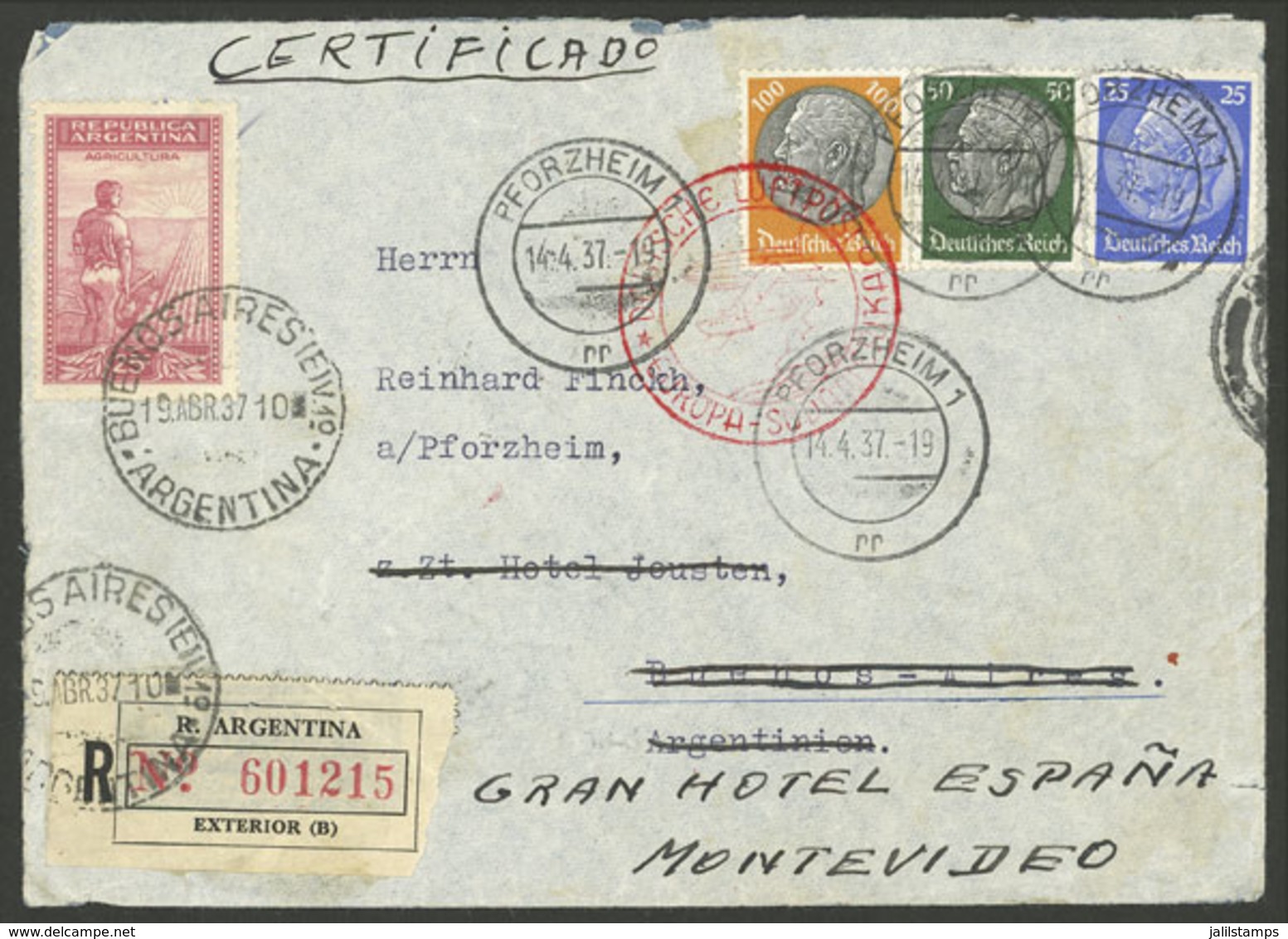 GERMANY: MIXED POSTAGE: Airmail Cover Sent From Pforzheim To Argentina On 14/AP/1937 By DLH Franked With 1.75Mk. The Add - Sonstige & Ohne Zuordnung