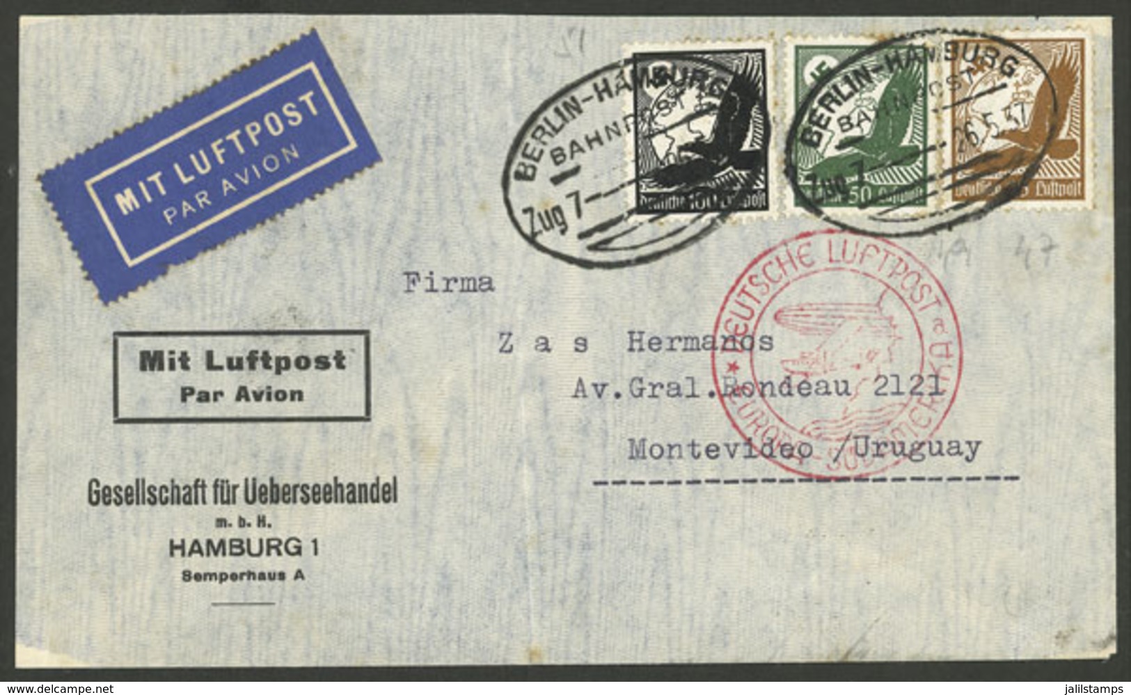 GERMANY: Airmail Cover Sent To Uruguay On 26/MAY/1937 Franked With 1.75Mk., Cancelled "Tren 7 - Berlin-Hamburg", Red Han - Sonstige & Ohne Zuordnung