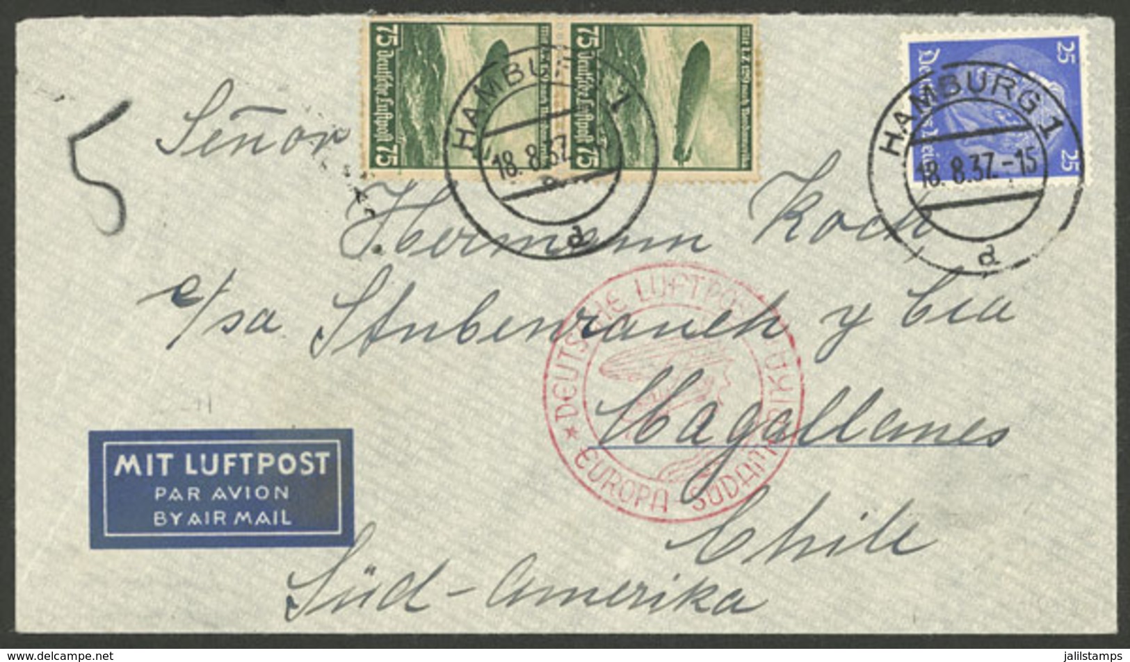 GERMANY: VERY SOUTHERN DESTINATION: 18/AU/1937 Hamburg - Magallanes (Punta Arenas, Chile), Airmail Cover Sent By DLH Wit - Sonstige & Ohne Zuordnung