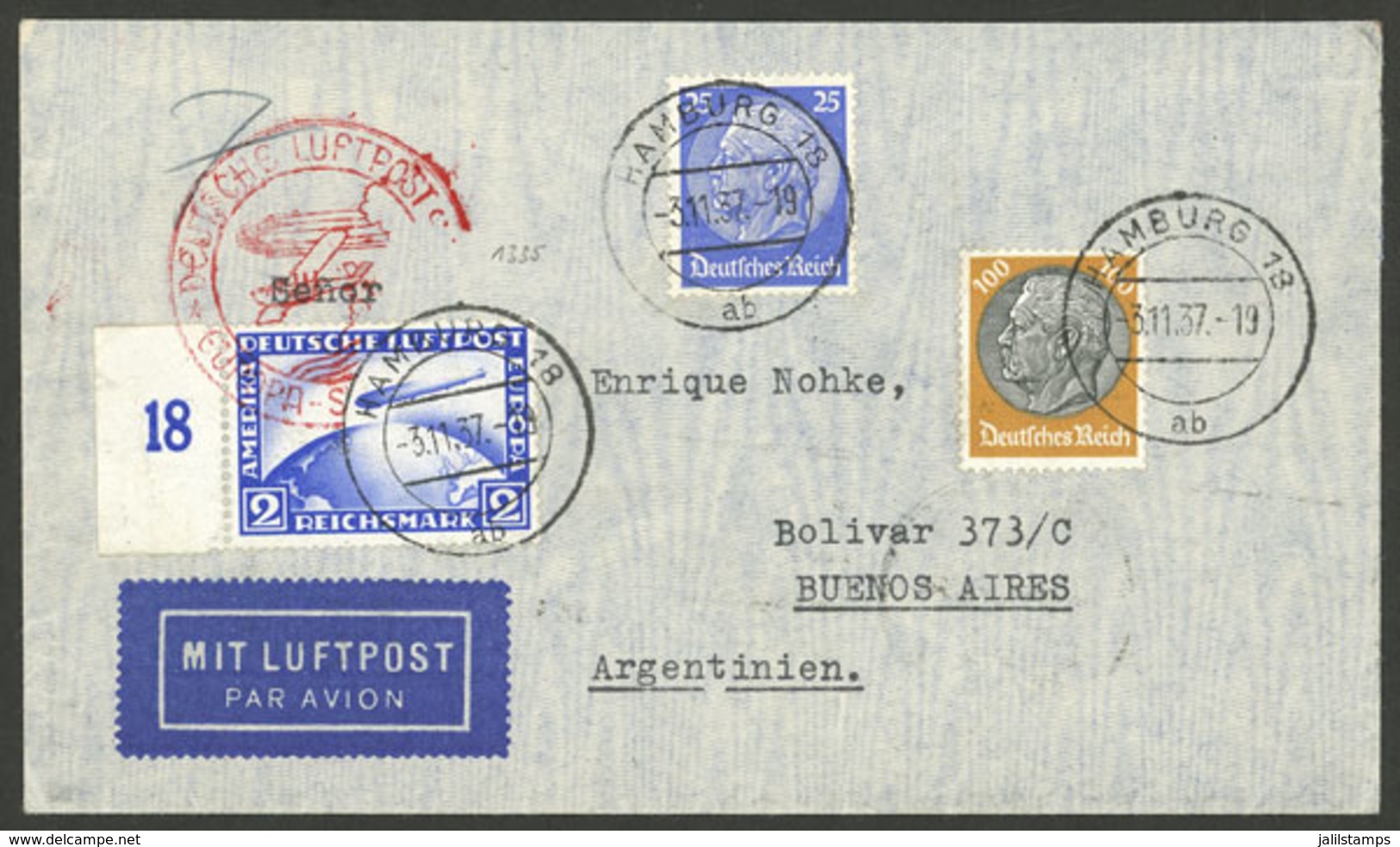 GERMANY: 3/NO/1937 Hamburg - Argentina, Airmail Cover Sent By DLH Franked With 3.25Mk., Buenos Aires Arrival Backstamp O - Sonstige & Ohne Zuordnung
