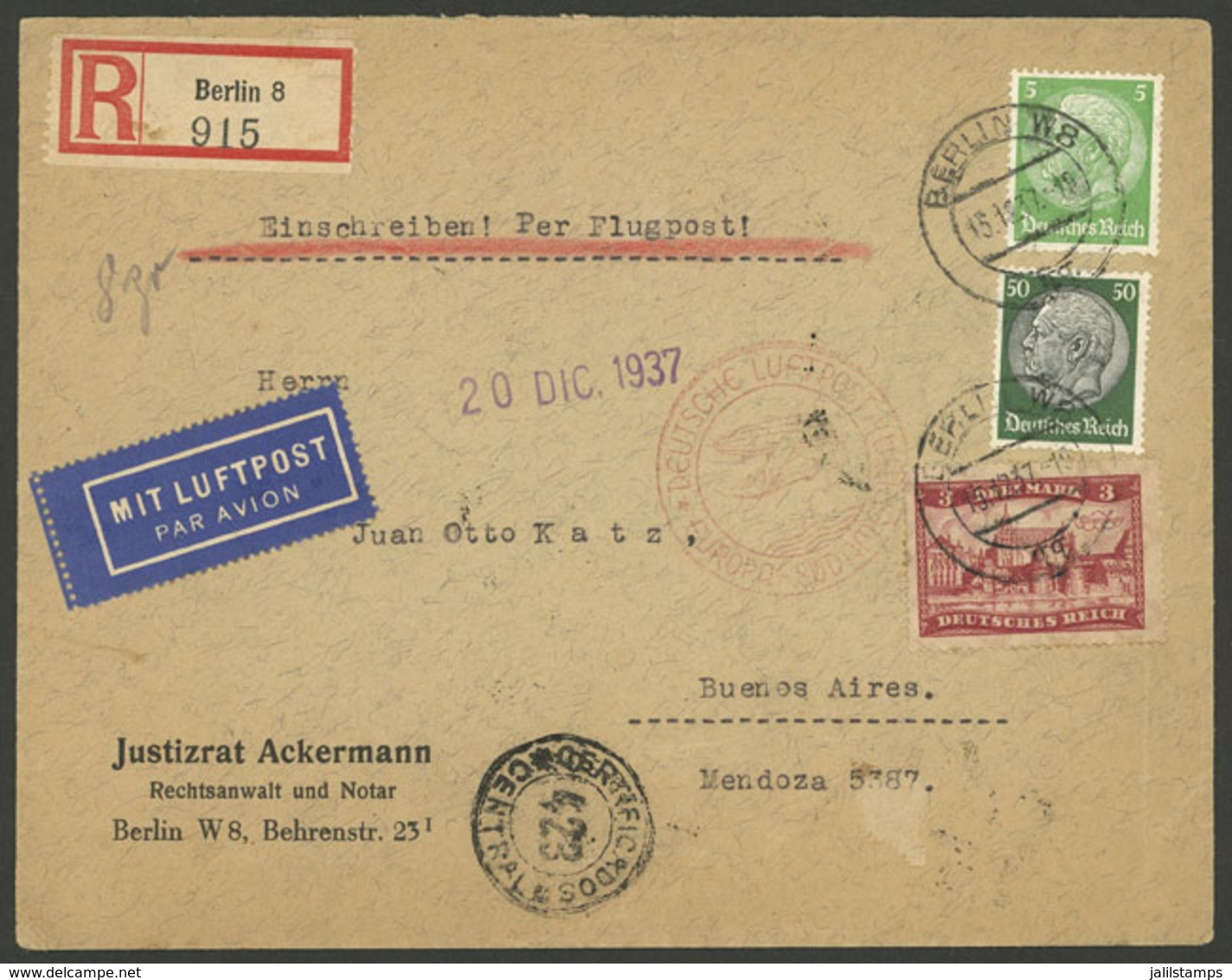 GERMANY: 15/DE/1937 Berlin - Argentina, Airmail Cover Flown By DLH Franked With 3.55Mk., Arrival Backstamp, VF Quality! - Sonstige & Ohne Zuordnung