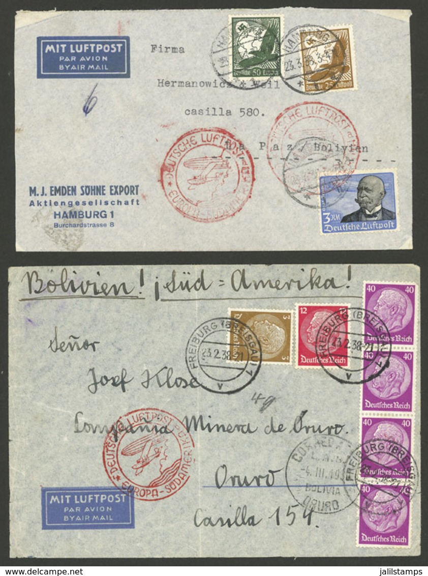 GERMANY: 23/FE And 23/MAR/1938, Couple Of Airmail Covers Sent From Freiburg And Hamburg To Oruro And La Paz, In Bolivia, - Sonstige & Ohne Zuordnung