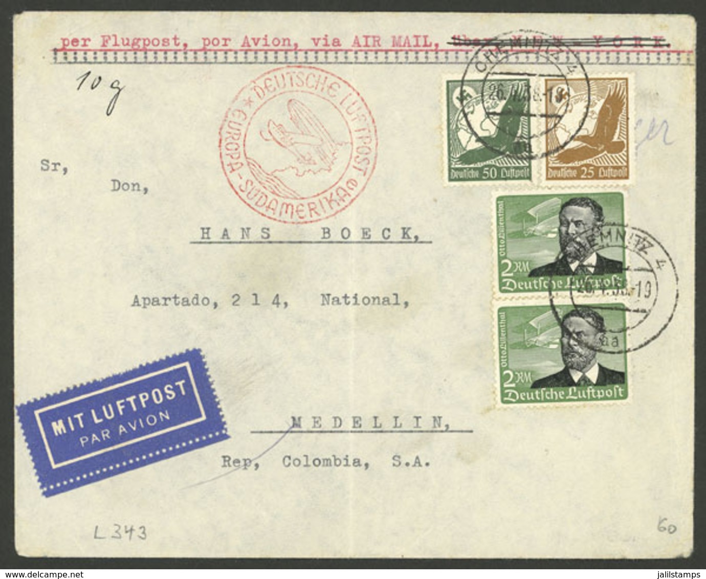 GERMANY: 26/AP/1938 Chemnitz - Colombia, Airmail Cover Sent By DLH Franked With 4.75Mk., Arrival Backstamp Of Medellin 4 - Sonstige & Ohne Zuordnung