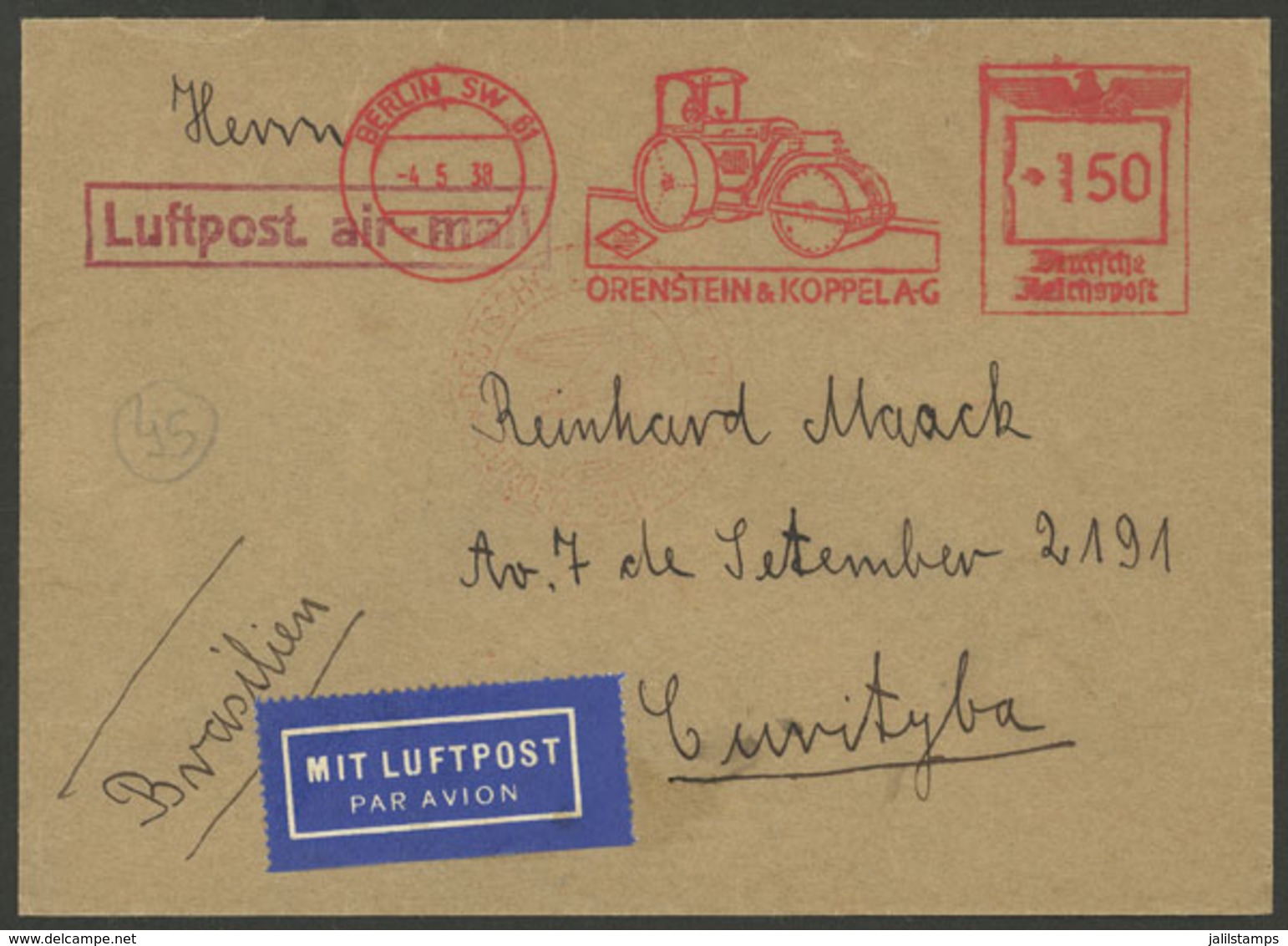 GERMANY: 4/MAY/1938 Berlin - Brazil, Airmail Cover Sent By DLH With Meter Postage For 1.50Mk., With Advertising For Road - Sonstige & Ohne Zuordnung