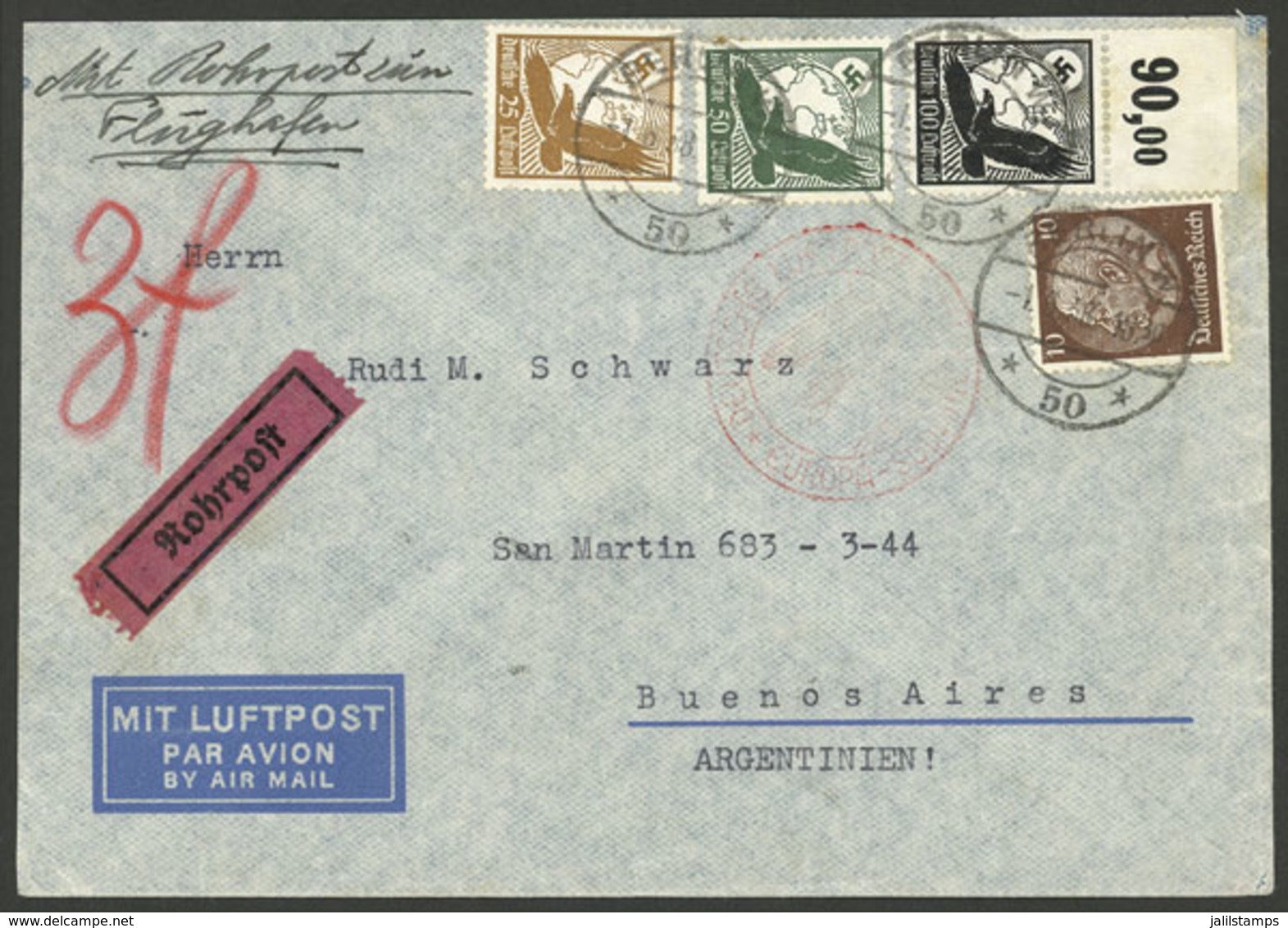 GERMANY: 1/JUN/1938 Berlin - Argentina, Airmail Cover Sent By DLH Franked With 1.85Mk. Including 10Pf. For The Pneumatic - Sonstige & Ohne Zuordnung