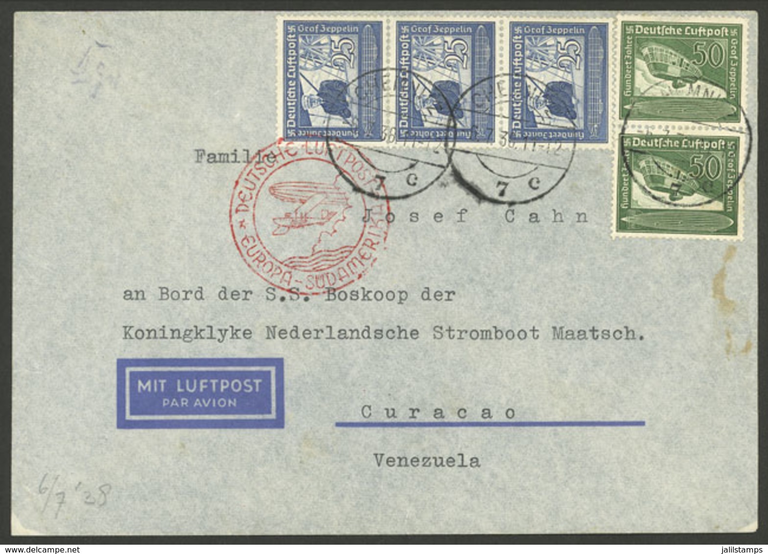 GERMANY: Cover Sent From Chemnitz On 6/JUL/1938 To A PASSENGER OF THE SHIP Boskoop In Curacao, On Back It Bears An Arriv - Sonstige & Ohne Zuordnung