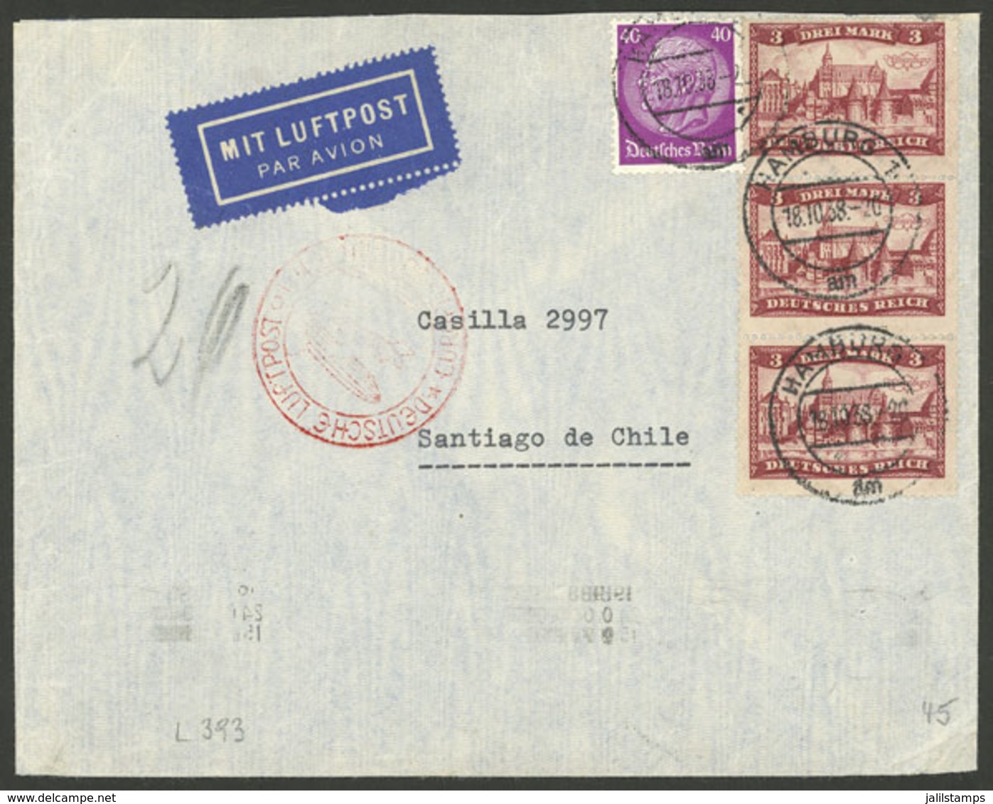 GERMANY: 18/OC/1938 Hamburg - Chile, Airmail Cover Sent By DLH Franked With 9.40Mk., With Santiago Arrival Backstamp Of  - Sonstige & Ohne Zuordnung