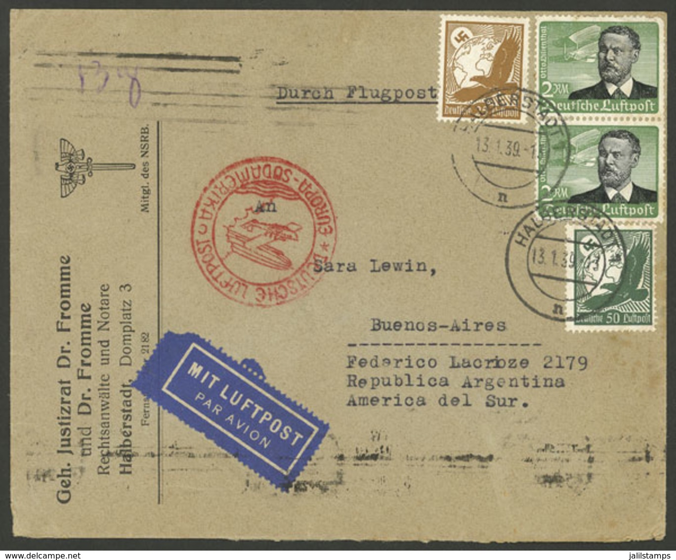 GERMANY: 13/JA/1939 Halberstadt - Argentina, Airmail Cover Sent By DLH Franked With 4.75Mk., Arrival Backstamp, VF Quali - Sonstige & Ohne Zuordnung