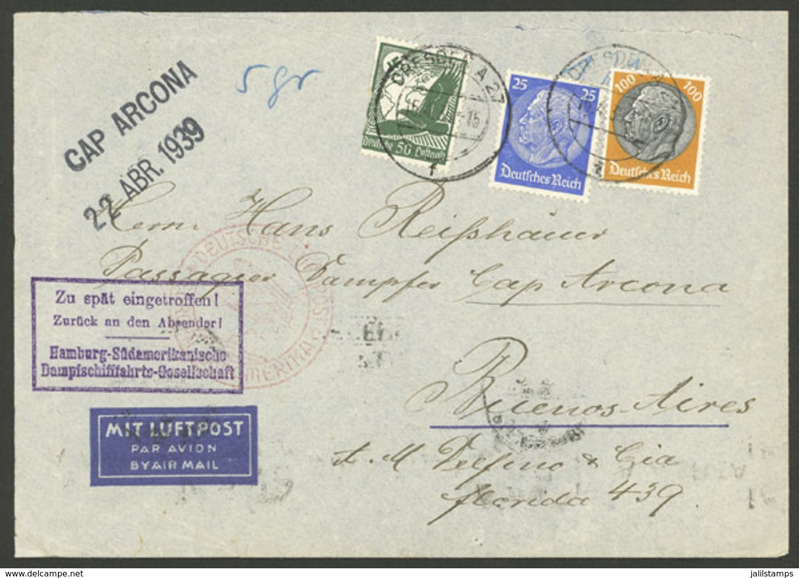 GERMANY: Airmail Cover Sent To A Passenger Of Ship Cap Arcona In Buenos Aires, Dispatched From Dresden By DLH On 15/AP/1 - Sonstige & Ohne Zuordnung
