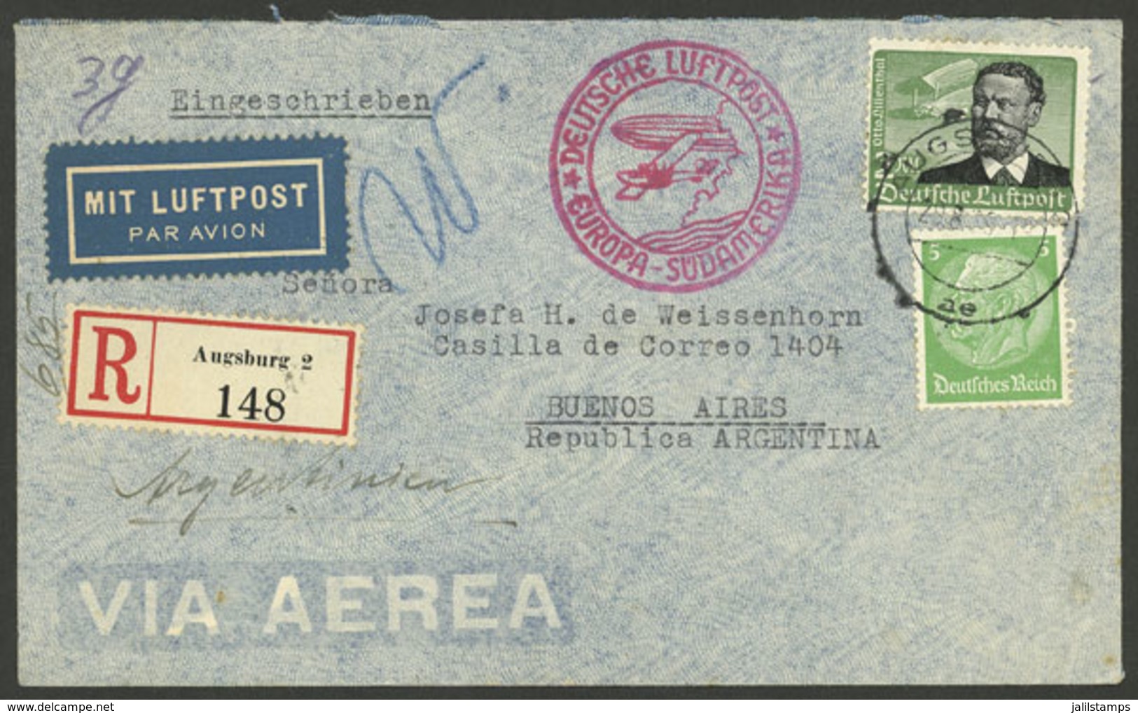 GERMANY: 29/AU/1939 Augsburg - Argentina, Registered Airmail Cover Franked With 2.05Mk., With DLH Handstamp And Arrival  - Sonstige & Ohne Zuordnung