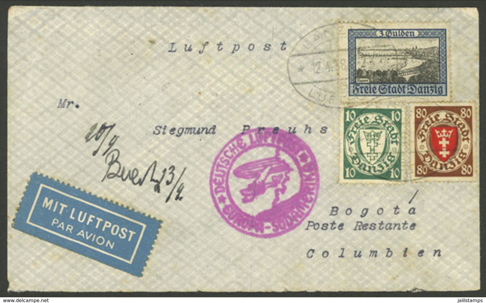 GERMANY - DANZIG: 12/AP/1938 Danzig - Colombia, Airmail Cover Sent By DLH Franked With 3.90G., With Transit Backstamp Of - Sonstige & Ohne Zuordnung