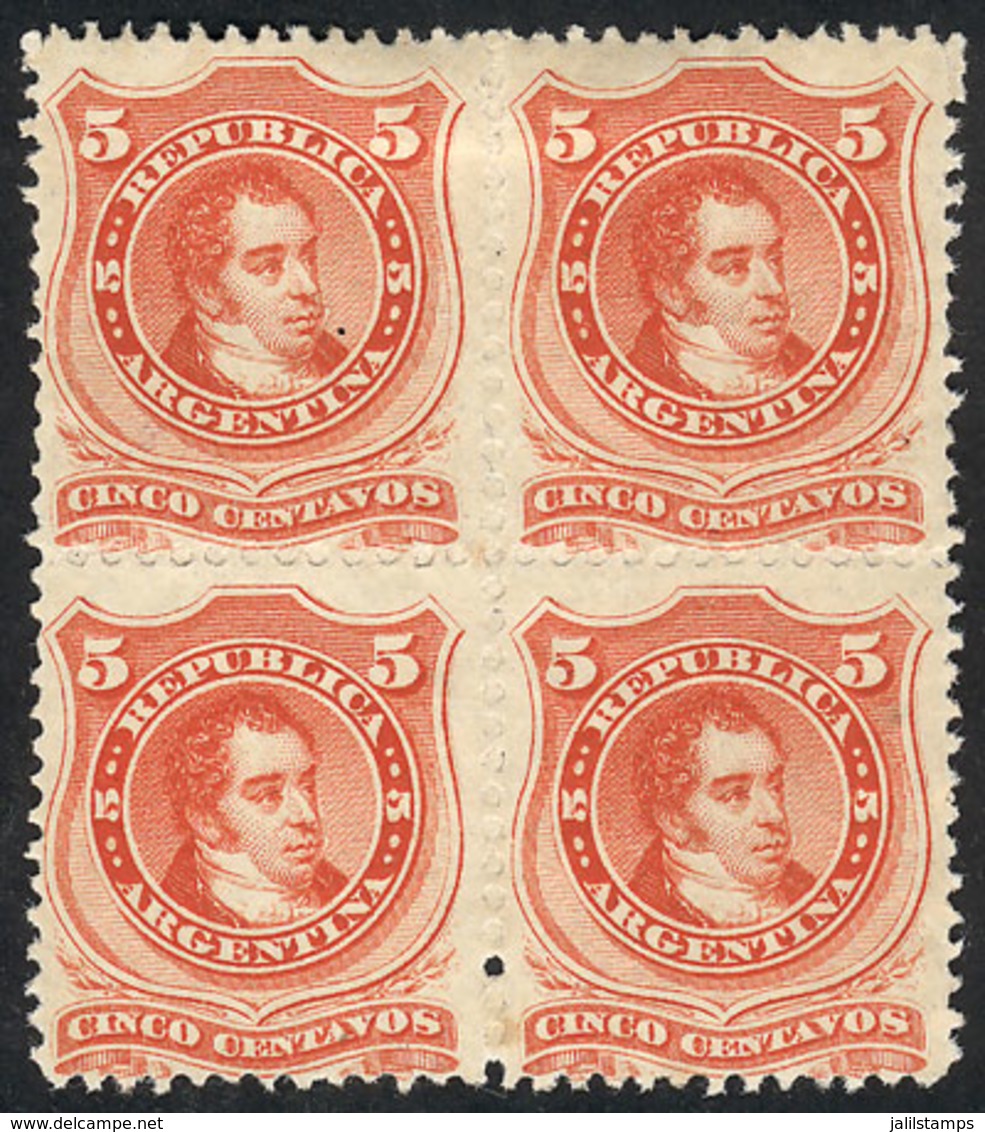 ARGENTINA: GJ.38, 1867 5c. Rivadavia With Groundwork Of Crossed Lines, Very Nice Block Of 4, Mint Without Gum, Excellent - Sonstige & Ohne Zuordnung