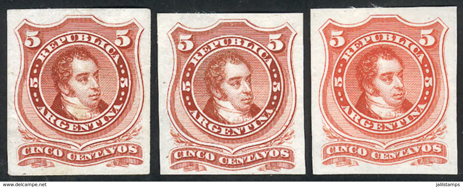 ARGENTINA: GJ.38, 1867 5c. Rivadavia With Groundwork Of Crossed Lines, 3 TRIAL COLOR PROOFS (different Shades) Printed O - Sonstige & Ohne Zuordnung