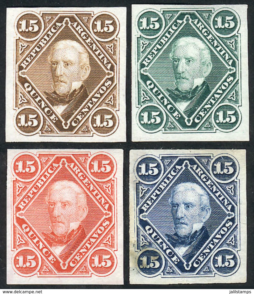 ARGENTINA: GJ.40, 1867 15c. San Martín, 4 Different TRIAL COLOR PROOFS, Printed On Thin Paper, VF Quality, Rare! - Sonstige & Ohne Zuordnung