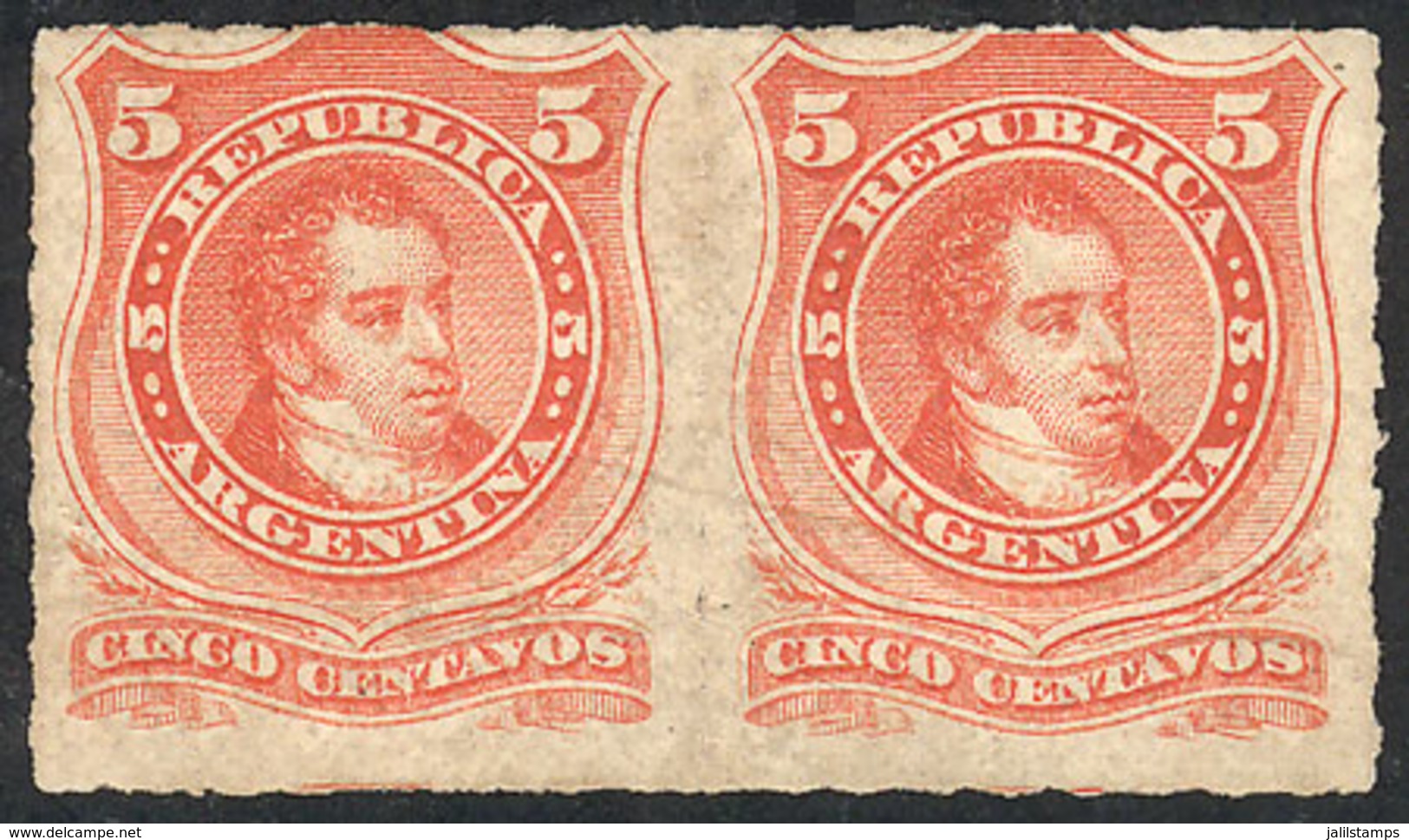 ARGENTINA: GJ.48, 1876 5c. Rivadavia Rouletted, Pair, Mint Without Gum, VF Quality! - Sonstige & Ohne Zuordnung