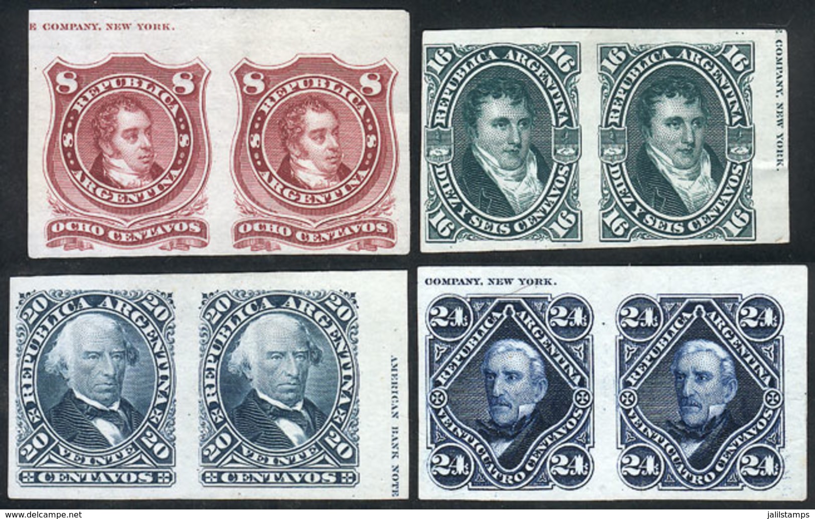 ARGENTINA: GJ.49/52, 1876 Rouletted Set, 8c. To 24c., PROOFS In The Issued Colors Printed On Thin Paper (Indian), Corner - Sonstige & Ohne Zuordnung