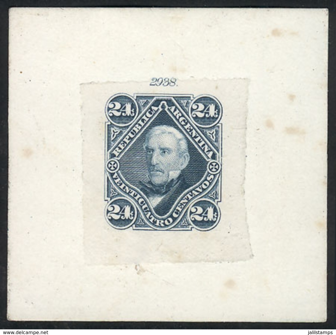 ARGENTINA: GJ.52, 1876 24c. San Martín Rouletted, DIE PROOF In Greenish Blue (not Adopted), Printed On Thin Paper Glued  - Sonstige & Ohne Zuordnung