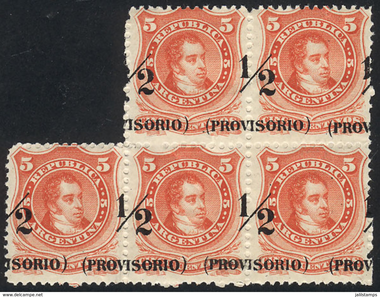 ARGENTINA: GJ.59, Beautiful Block Of 5 With VARIETY: Very Shifted Overprint (over The Perforation), Excellent Quality! - Sonstige & Ohne Zuordnung